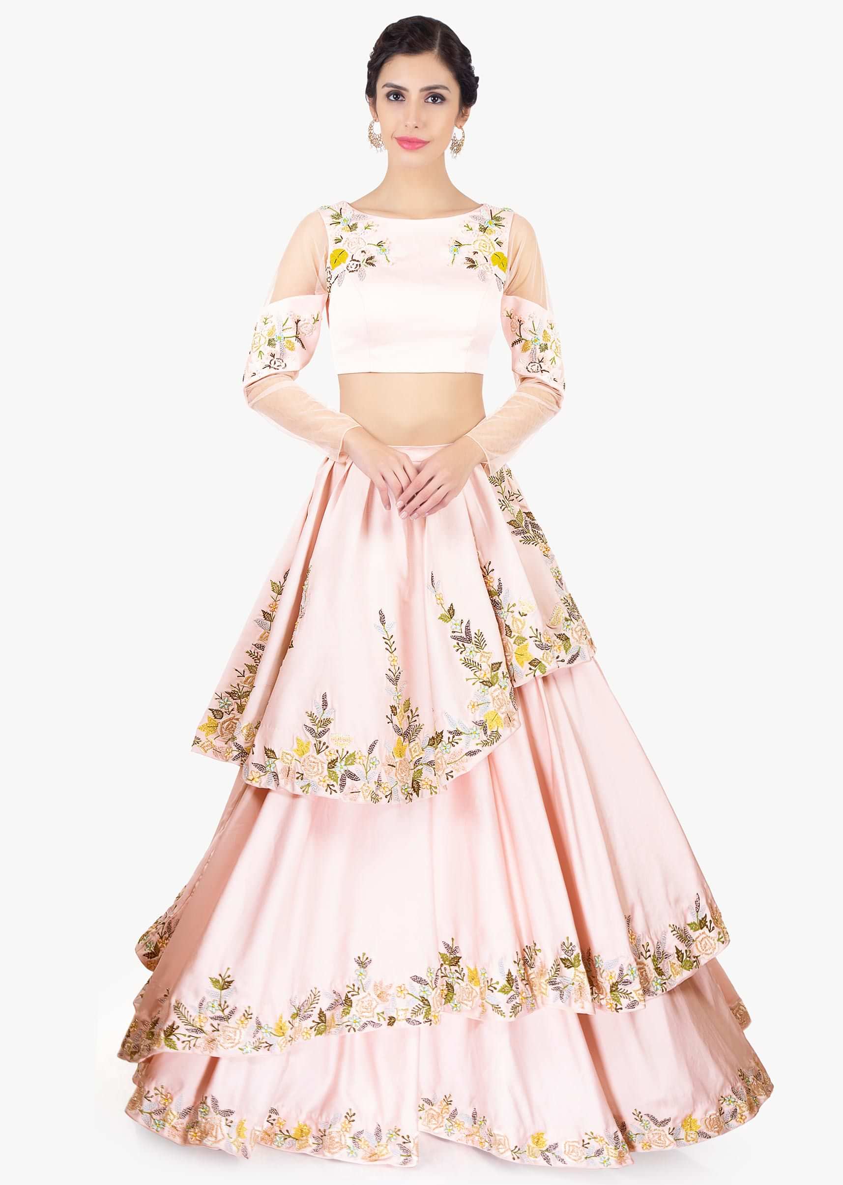 Powder pink multi layered crepe skirt paired with floral embroidered crop top