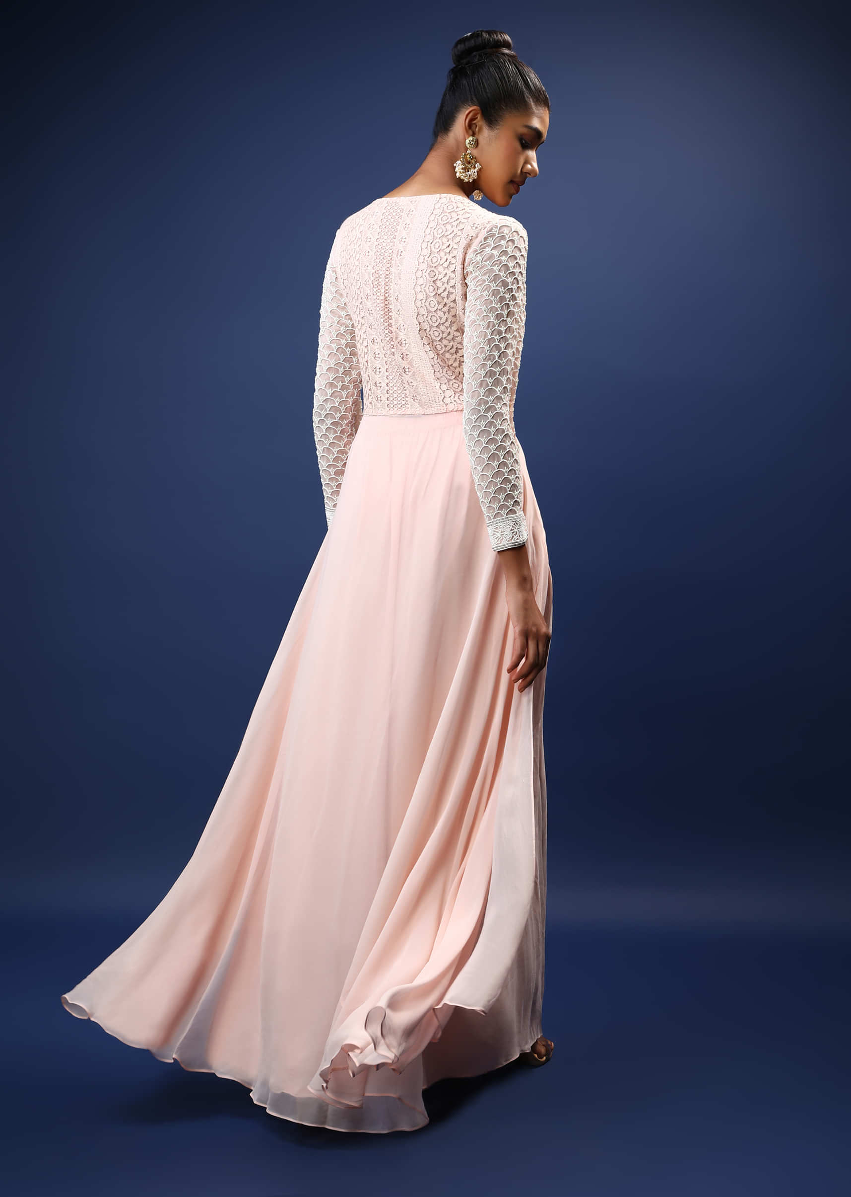 Powder Pink Palazzo Suit In Georgette With A Long Slit Top In Crochet Lace Adorned In Moti Bead Detailing  