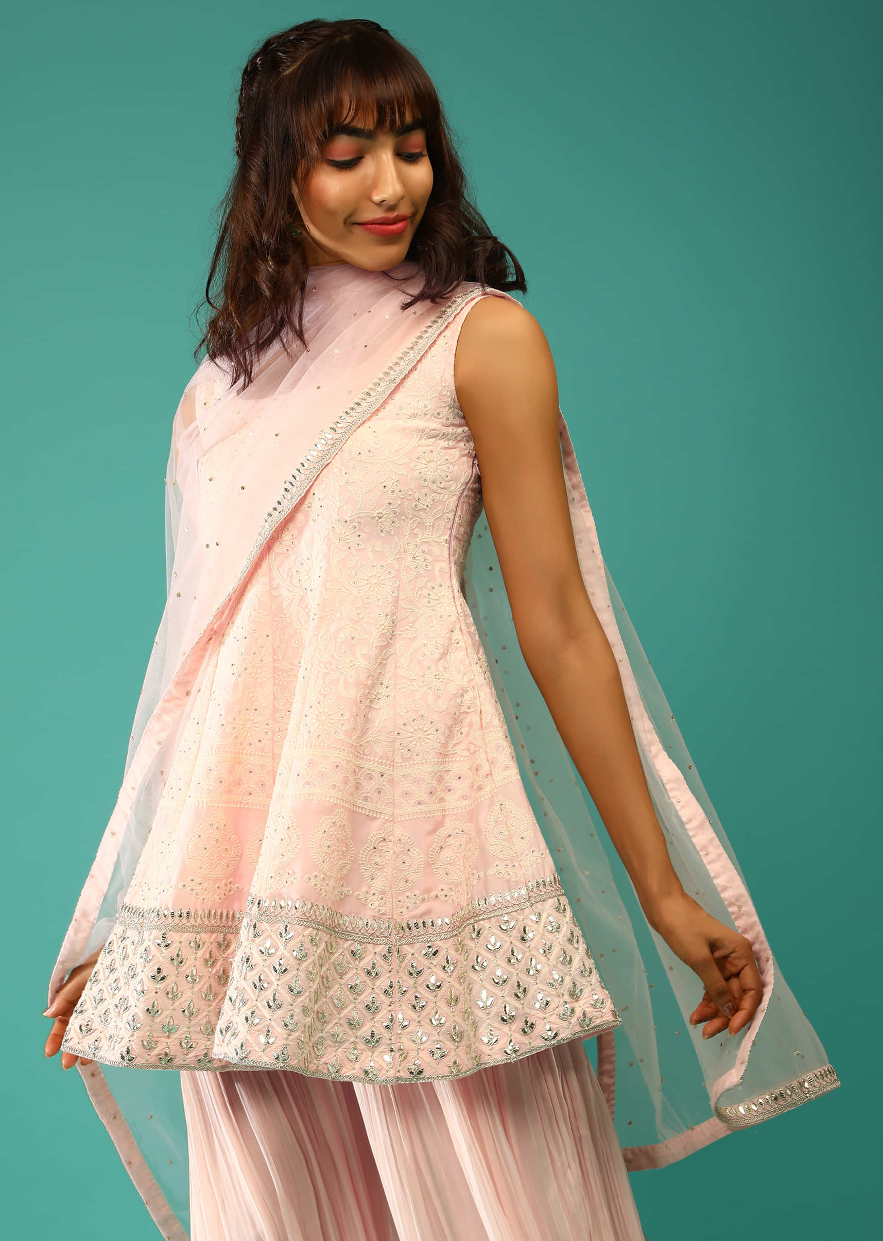 Powder Pink Palazzo Suit In Georgette With Peplum Styled Kurti Adorned In Lucknowi And Gotta Work  