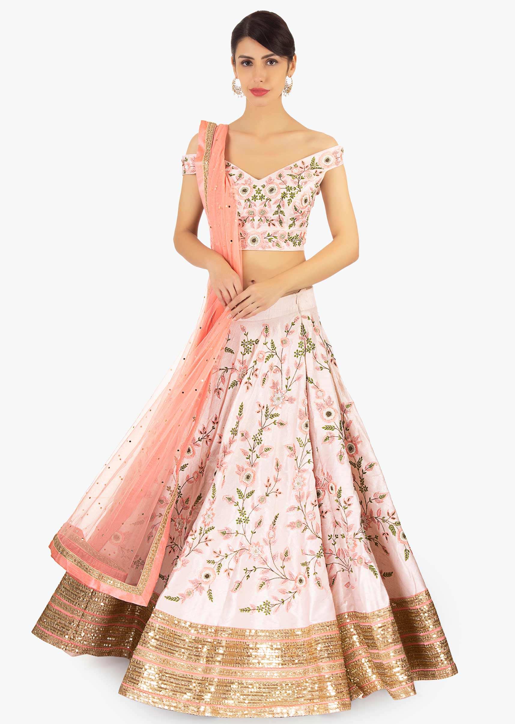 Powder pink raw silk embroidered lehenga set paired with pink net dupatta