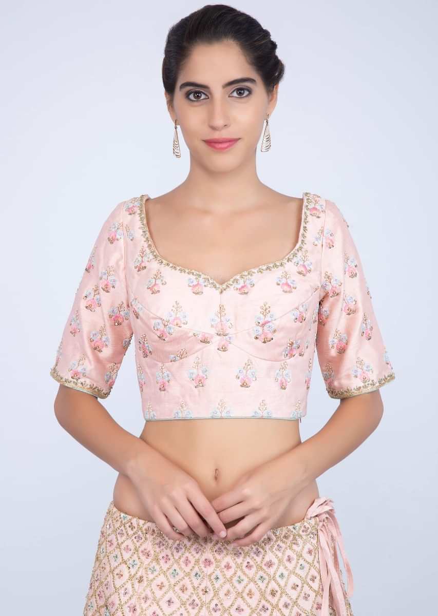 Powder Pink Lehenga In Raw Silk With Heavy Floral Jaal Embroidery Online - Kalki Fashion