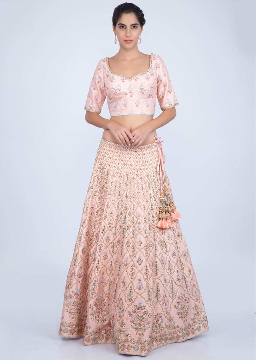 Powder Pink Lehenga In Raw Silk With Heavy Floral Jaal Embroidery Online - Kalki Fashion