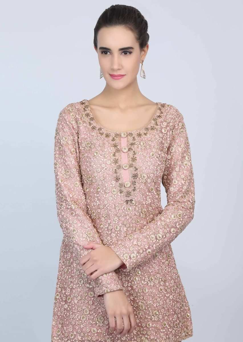 Powder Pink Sharara Suit In Raw Silk With Embellished In Net Top Layer Online - Kalki Fashion