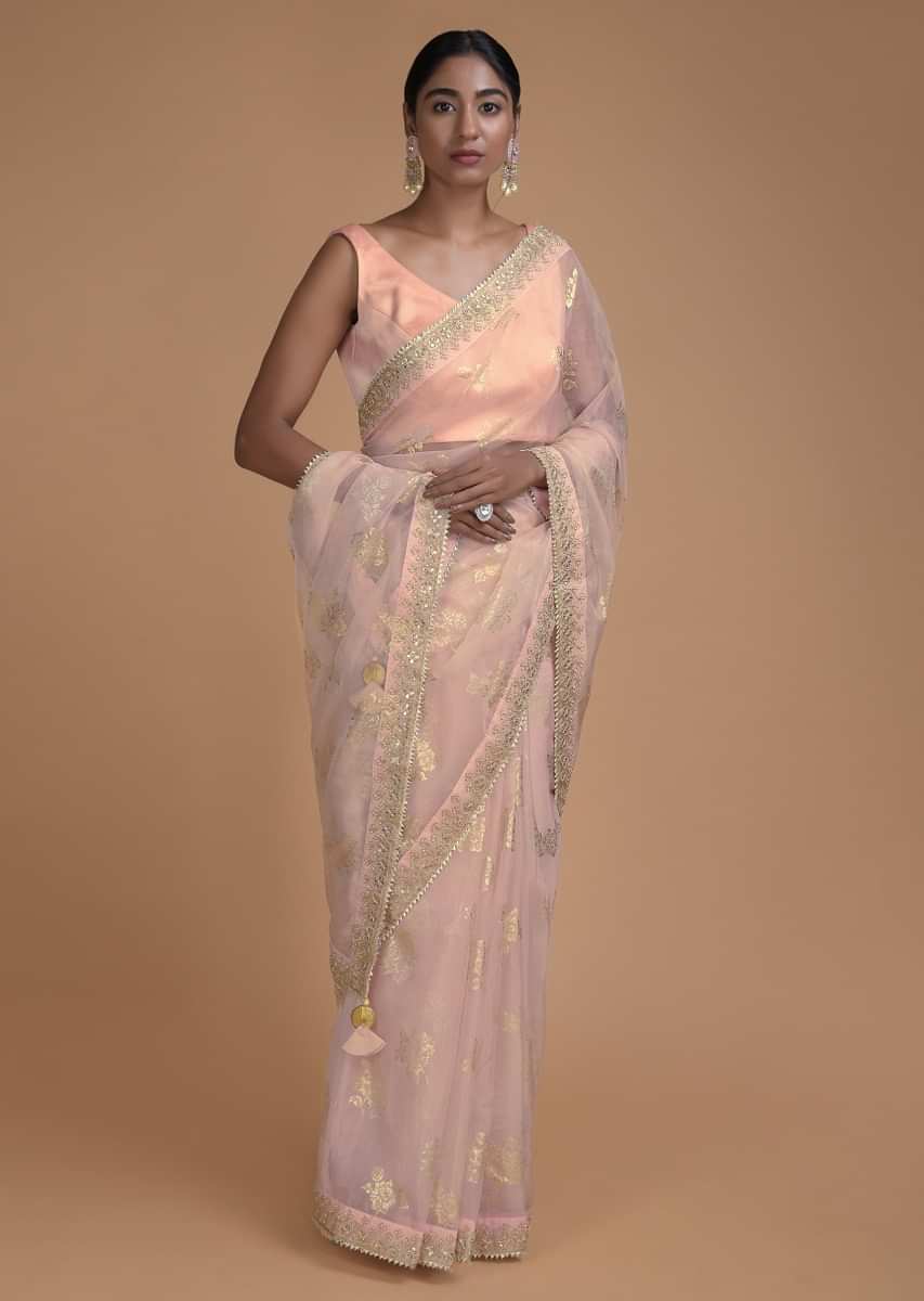 Powder Pink Saree In Organza With Foil Printed Floral Buttis All Over