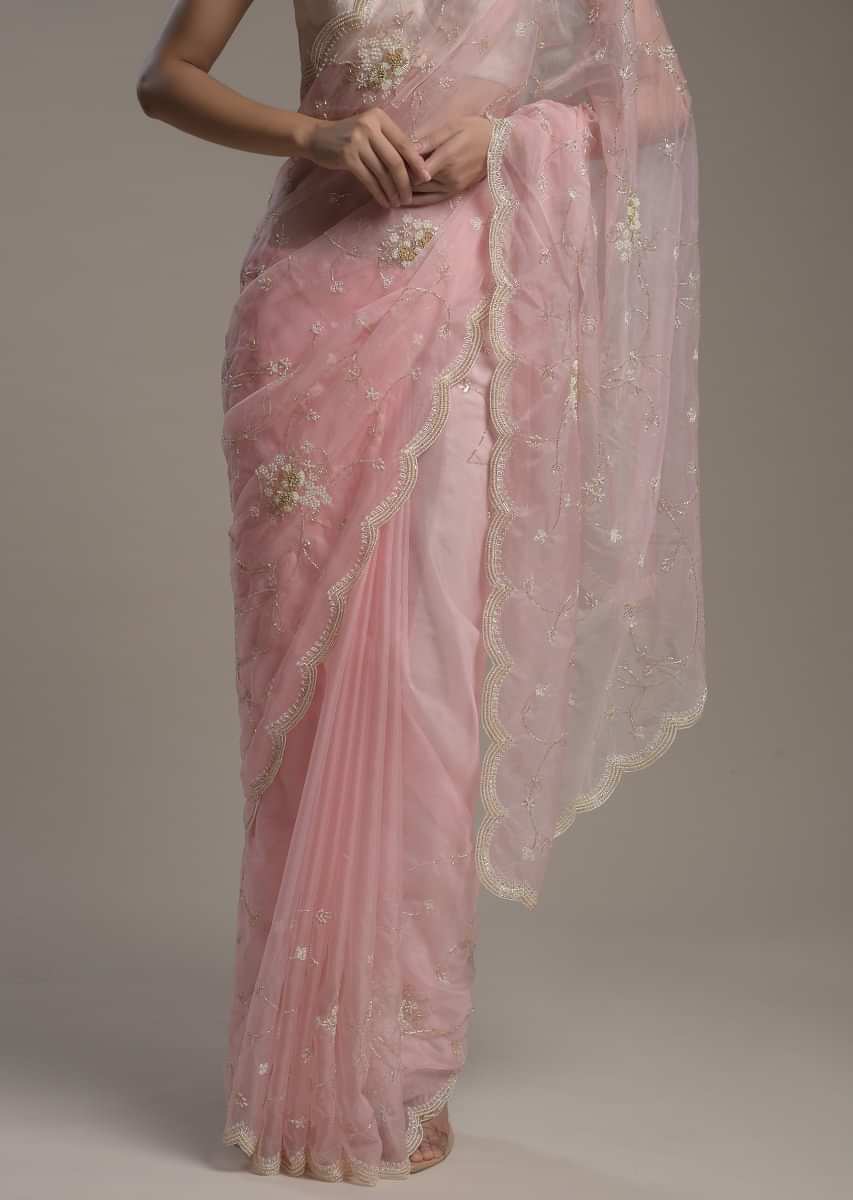 Powder Pink Saree In Organza With Moti And Cut Dana Embroidered Border And Unstitched Blouse  