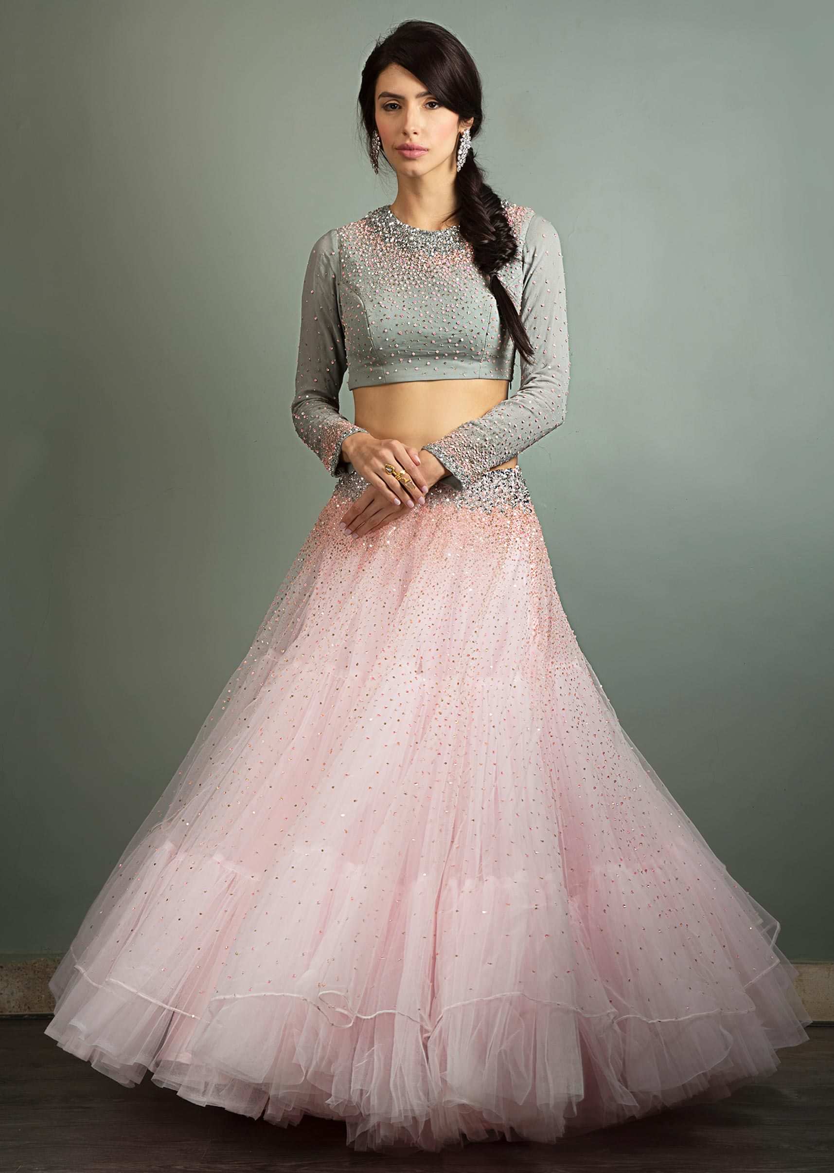 Powder pink sequins embroidered  net lehenga with grey georgette blouse and organza ruffled dupatta 