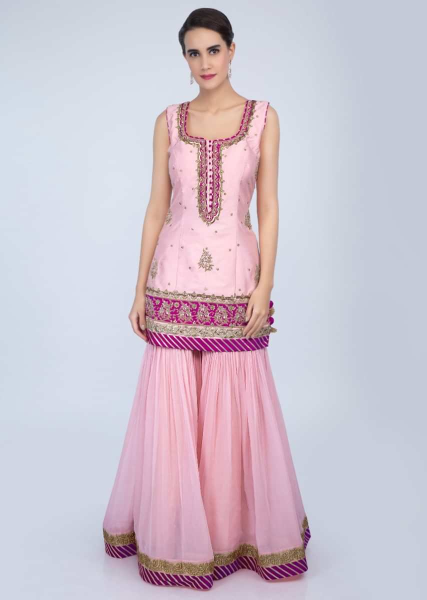 Powder pink sharara suit set in embroidery and butti only on Kalki