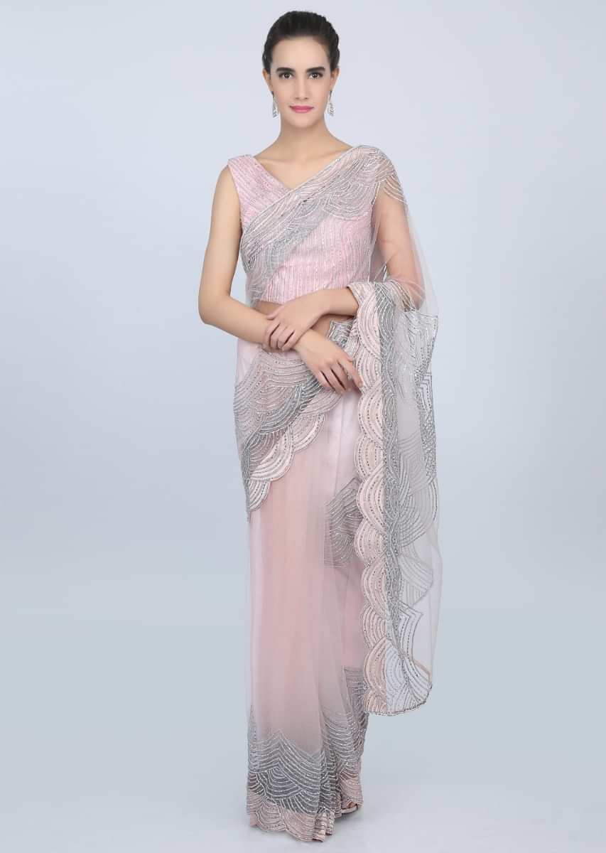 Powder Pink Saree In Sheer Net With Zari And Bead Work In Scallop Embroidery Online - Kalki Fashion