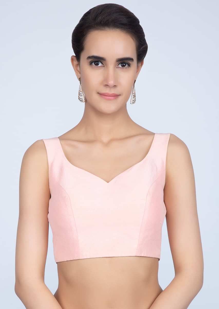 Powder Pink Blouse In Raw Silk With Sweet Heart Neck
