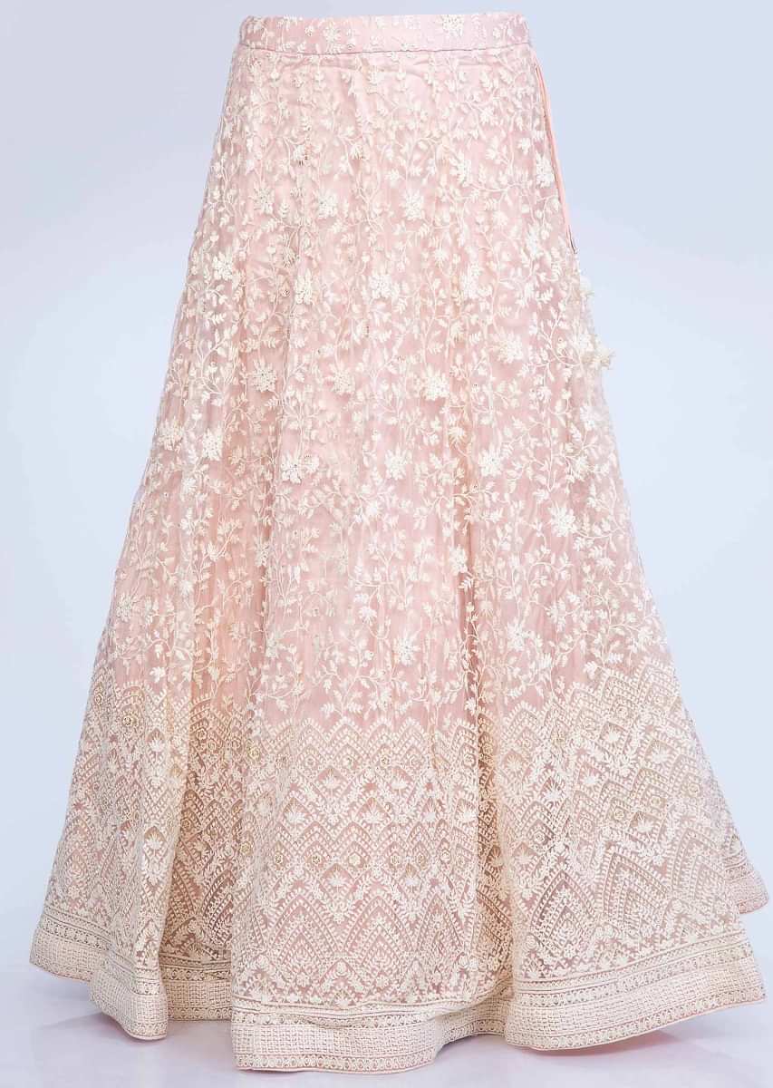 Powder Pink Lehenga With Thread Embroidery And Net Dupatta Online - Kalki Fashion