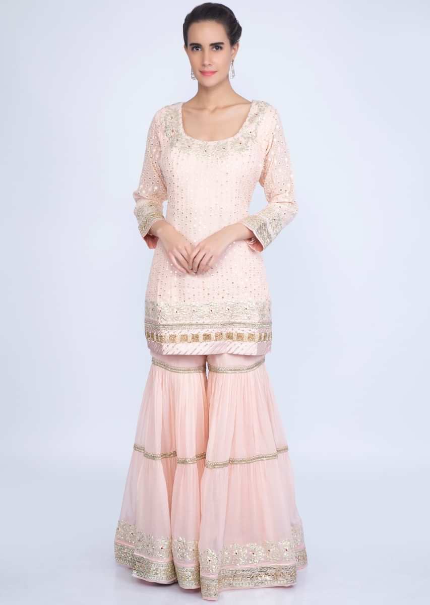 Powder Pink Sharara Suit Set With Thread Embroidery And Net Dupatta Online - Kalki Fashion