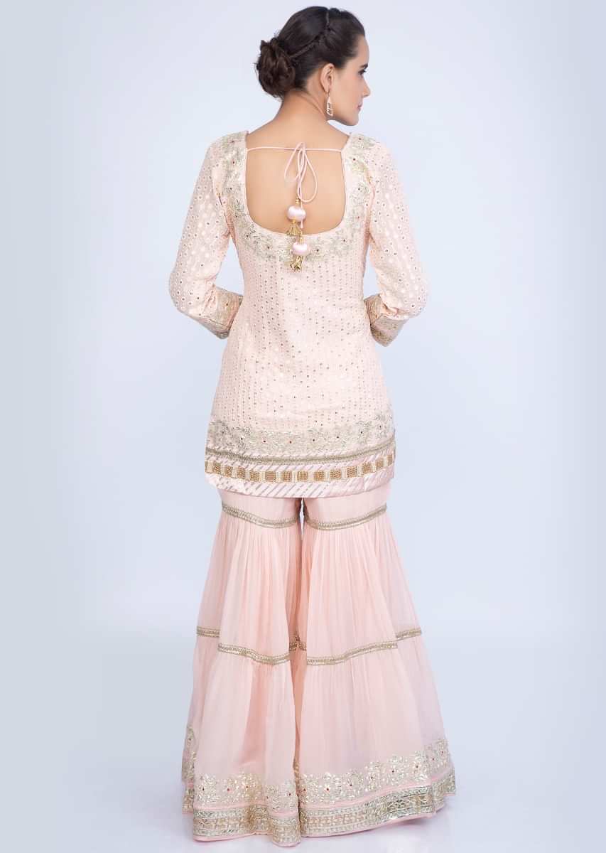 Powder Pink Sharara Suit Set With Thread Embroidery And Net Dupatta Online - Kalki Fashion