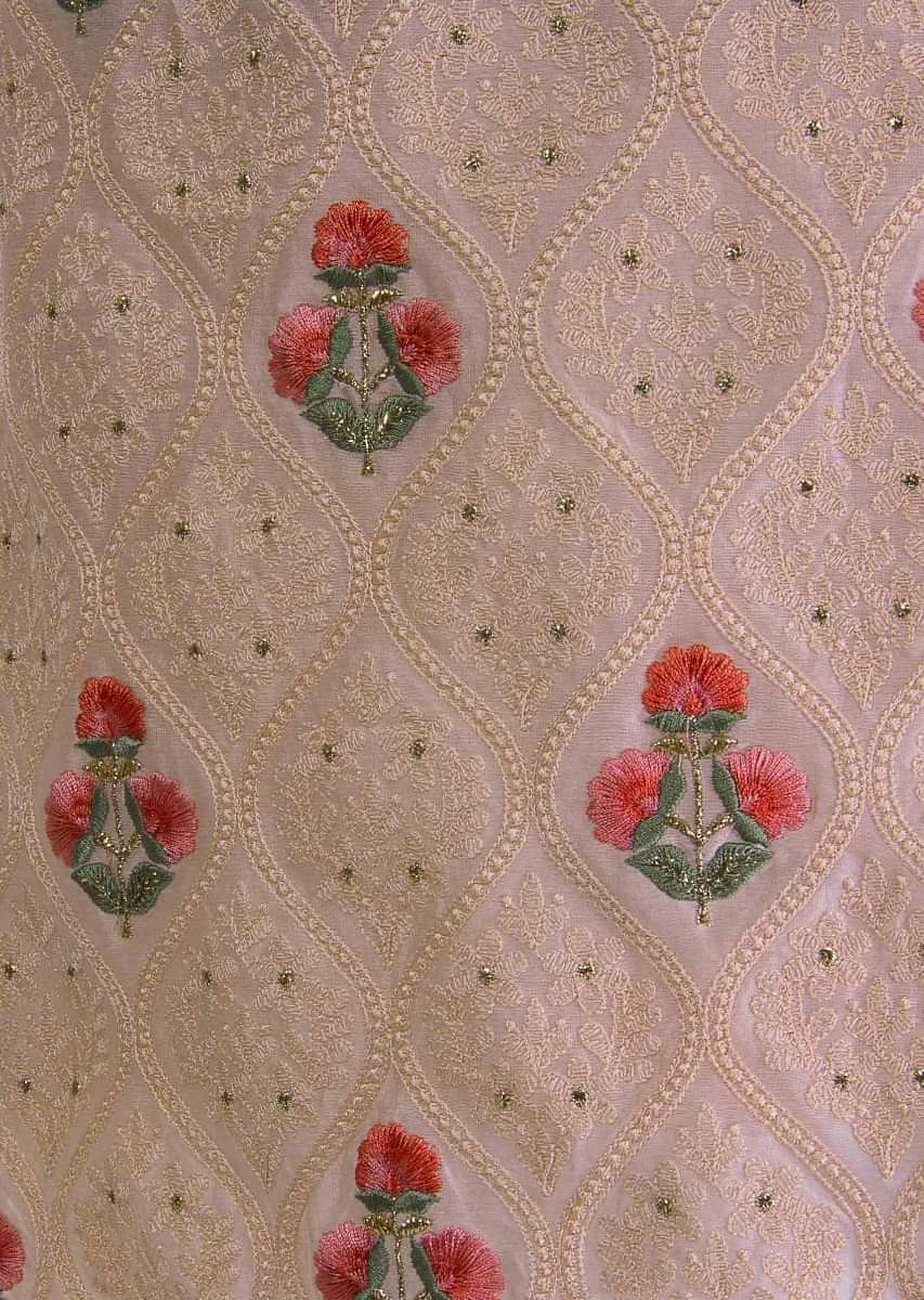 Powder pink unstitched cotton suit in lucknowi thread work in floral and moroccan motif 