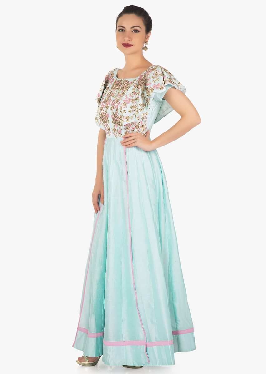 Powder blue anarkali dress with embroidered bodice and fancy sleeve only on Kalki