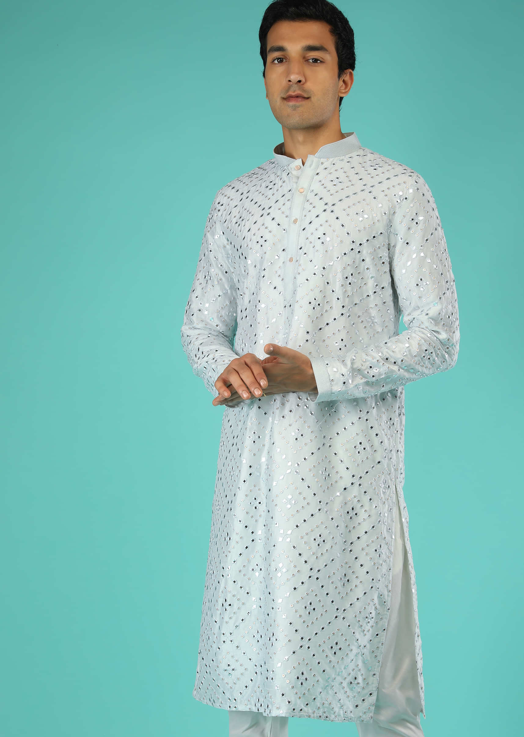 Powder Blue Kurta Set In Raw Silk With Mirror Abla And Sequins Embroidered Geometric Jaal