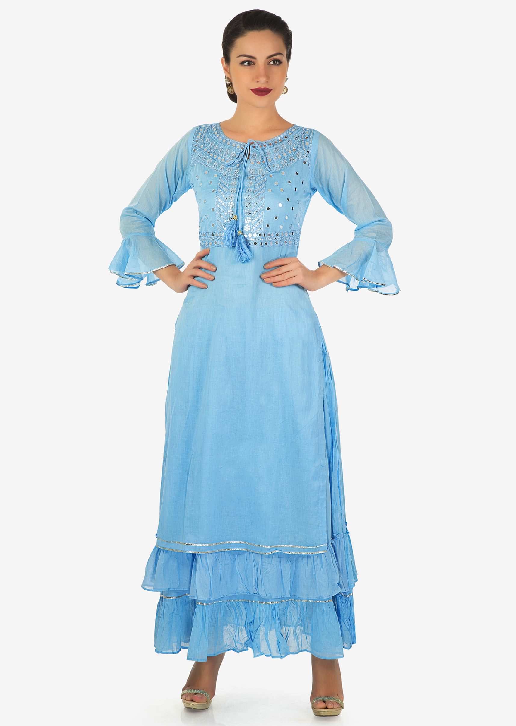 Powder Blue Long Dress In Cotton With Mirror And Resham Embroidery  