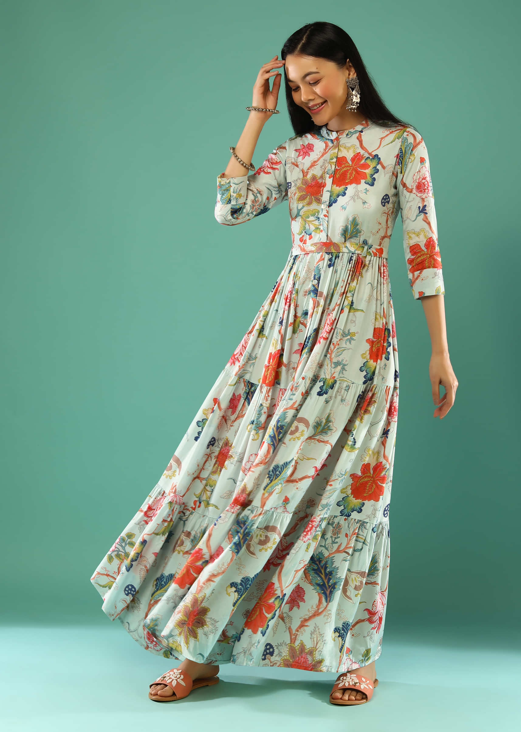 Powder Blue Tiered Dress With Floral Print And Mock Placket Online - Re By Kalki