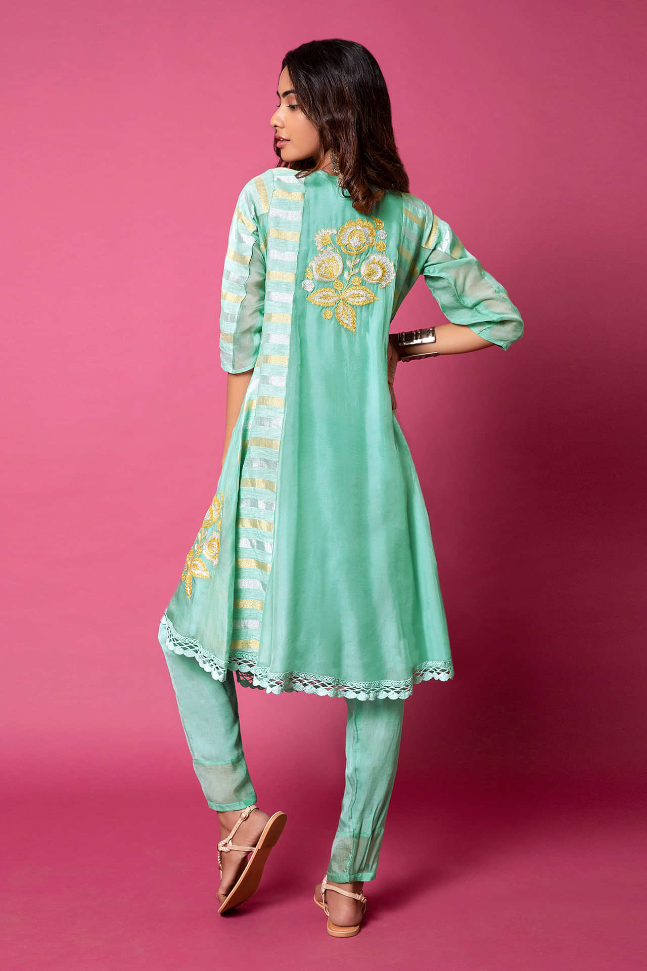 Powder Green A Line Suit With Hand Woven Banarasi On The Centre Kali And Cheeta Embroidery  