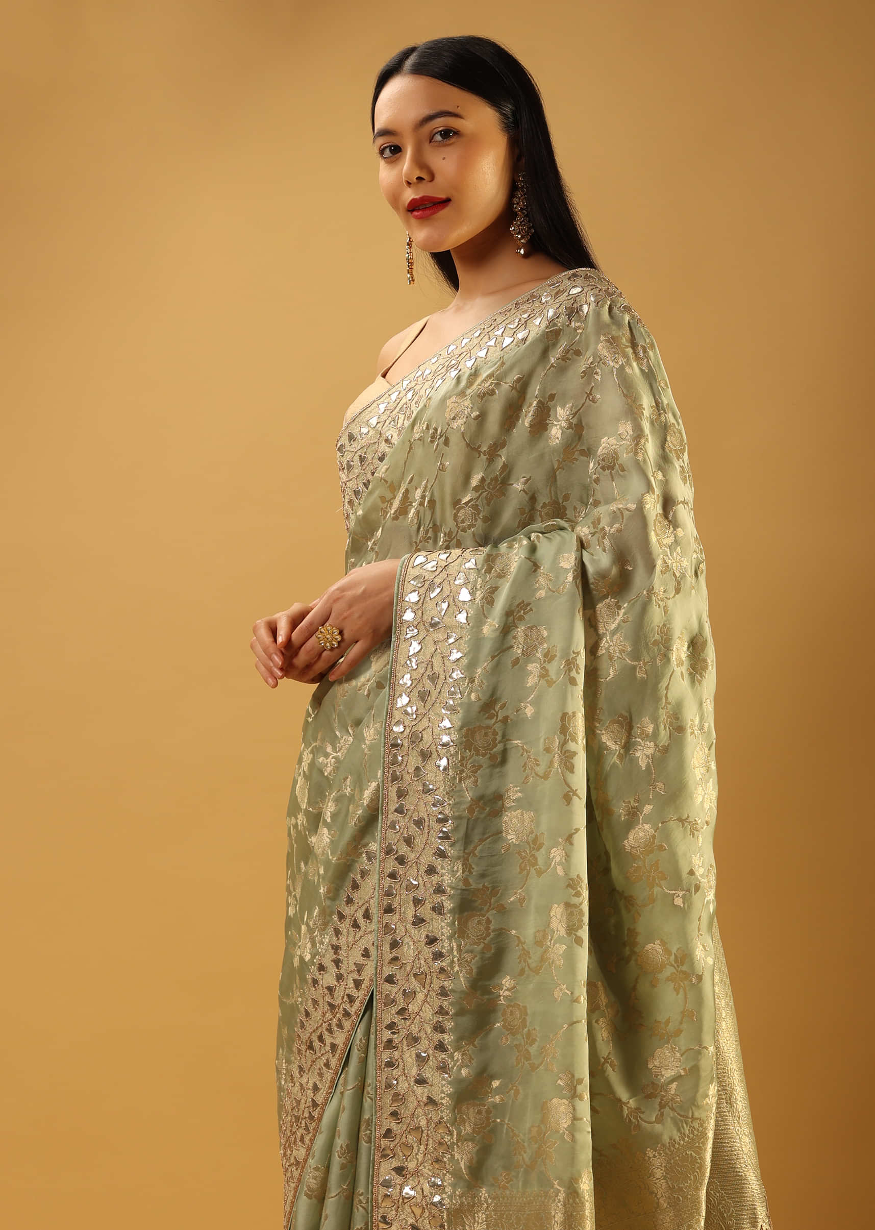 Powder Green Saree With Woven Floral Jaal And Gotta Patti Embroidered Border  