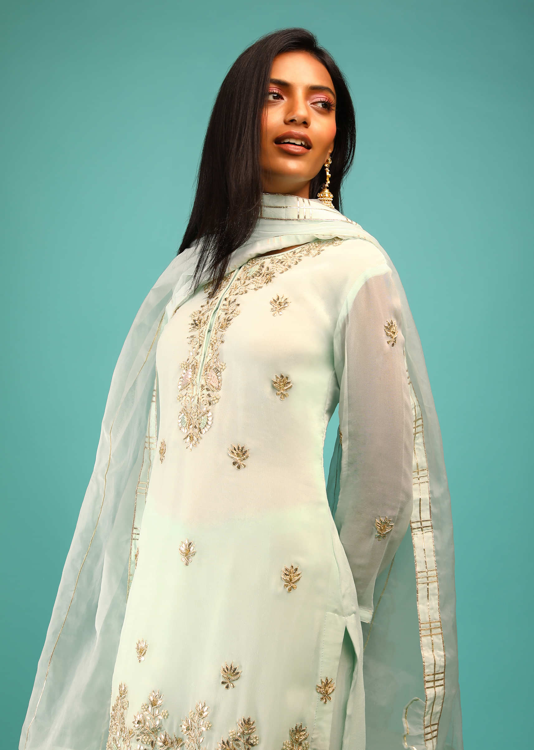 Powder Green Sharara Suit In Georgette With Three Quarter Sleeves And Gotta Patti Embroidery