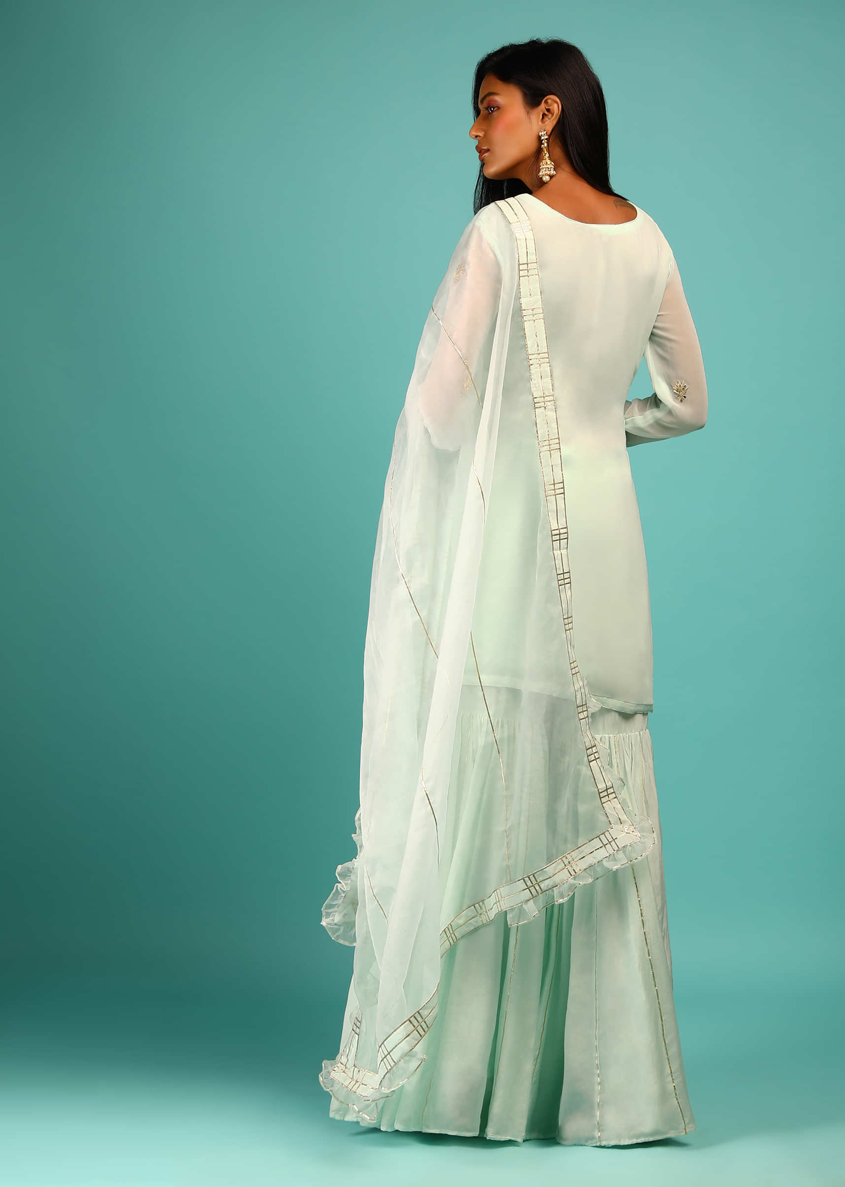 Powder Green Sharara Suit In Georgette With Three Quarter Sleeves And Gotta Patti Embroidery