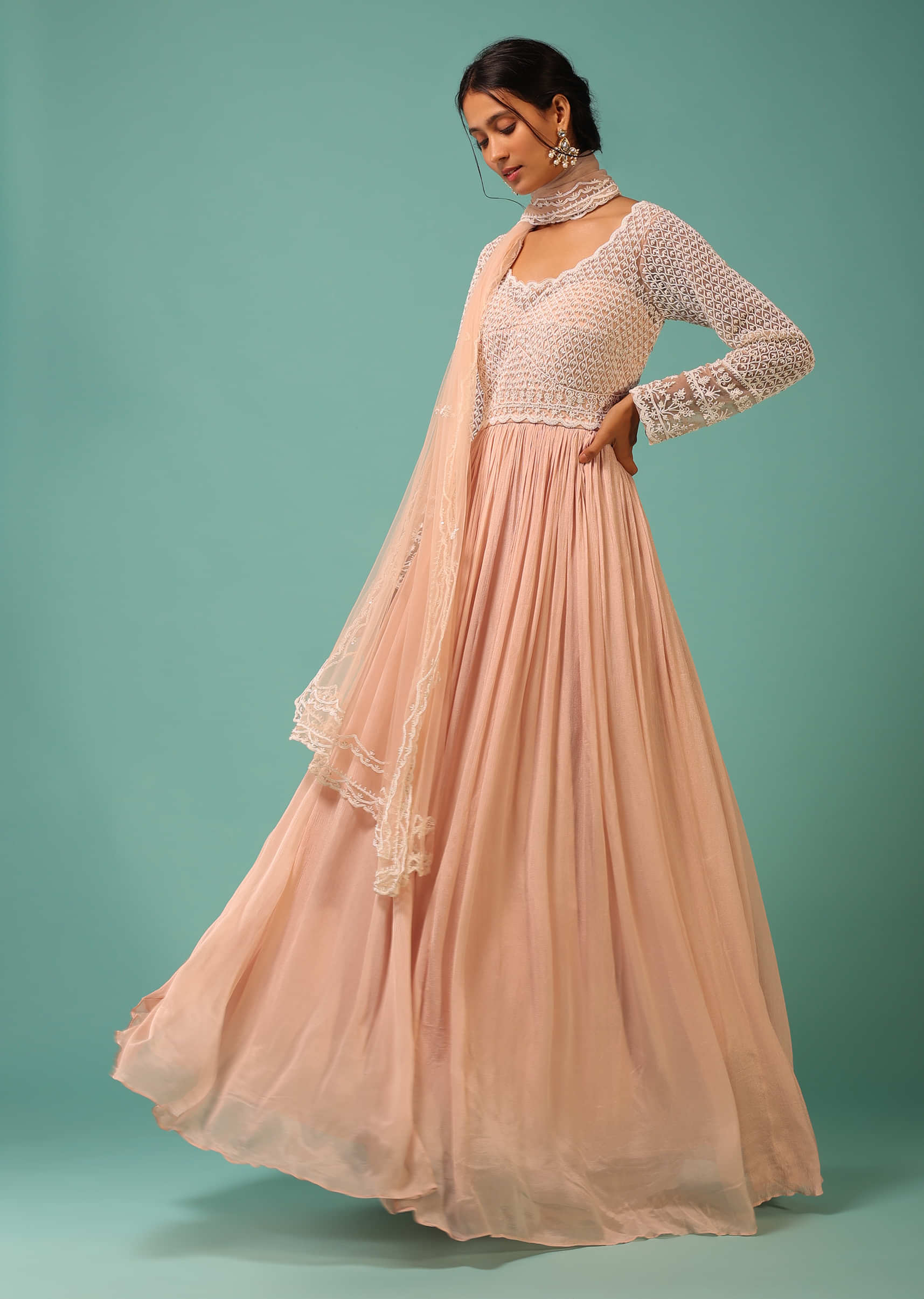 Powder Peach Anarkali Suit In Chiffon With Morroccon Moti Embroidery