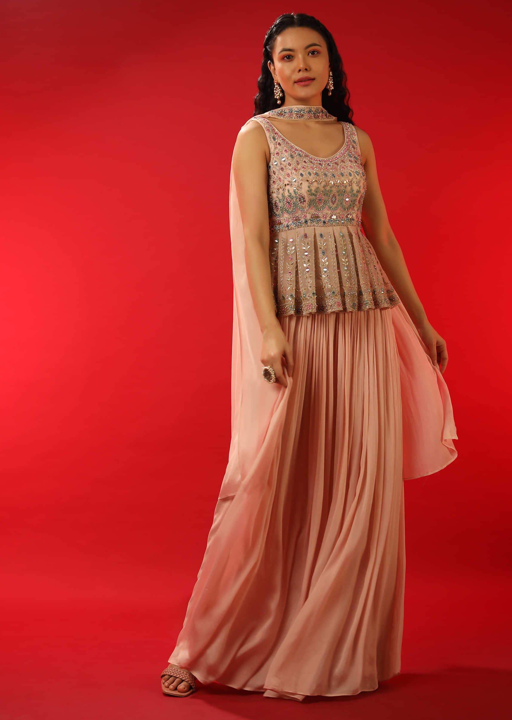 Powder Peach Palazzo And Peplum Suit With Multi Colored Resham And Mirror Abla Embroidered Floral Motifs  
