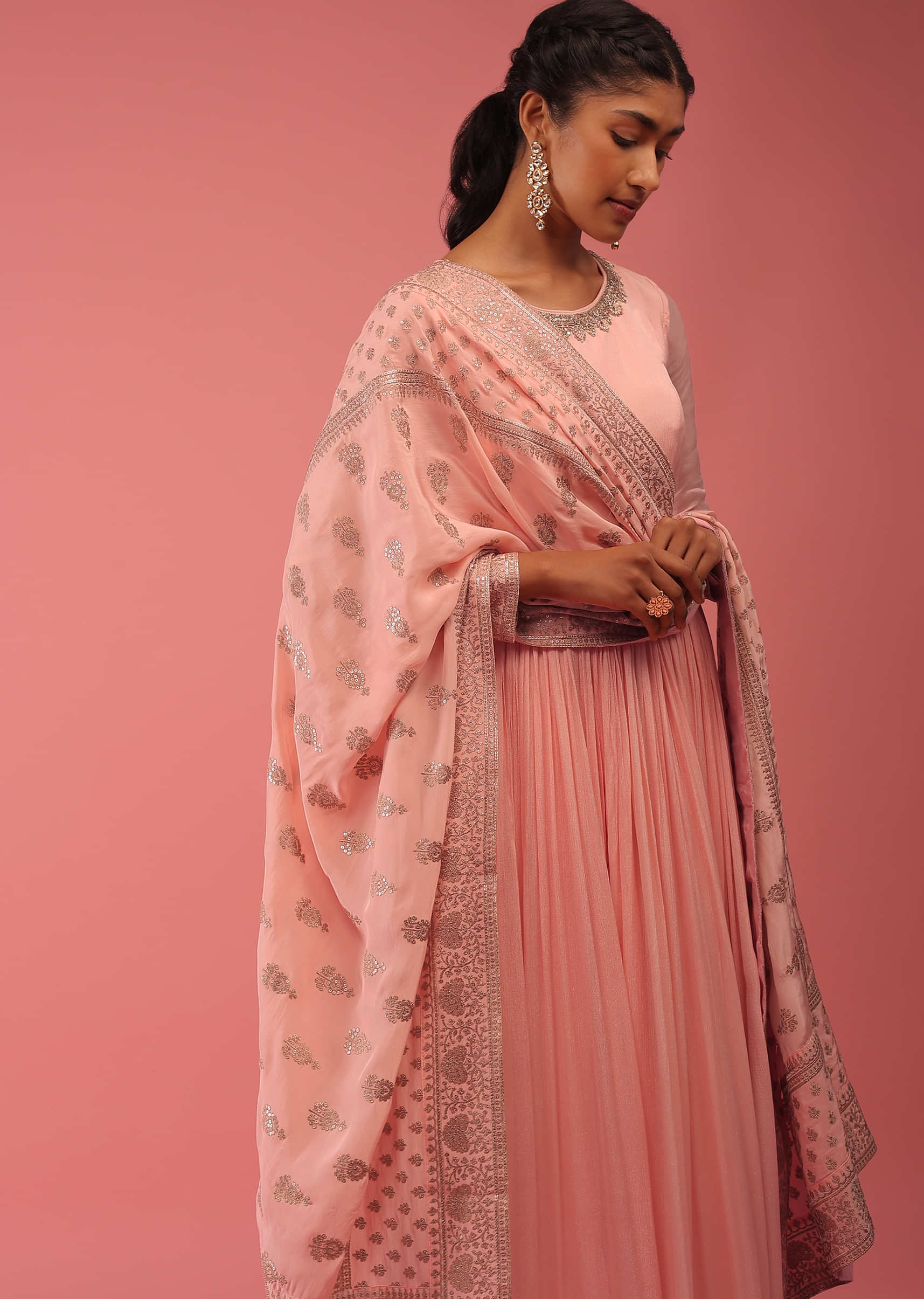 Powder Pink Anarkali Suit In Cut Dana Embroidery, It Is Crafted In Chiffon With Full Sleeves And Round Neckline