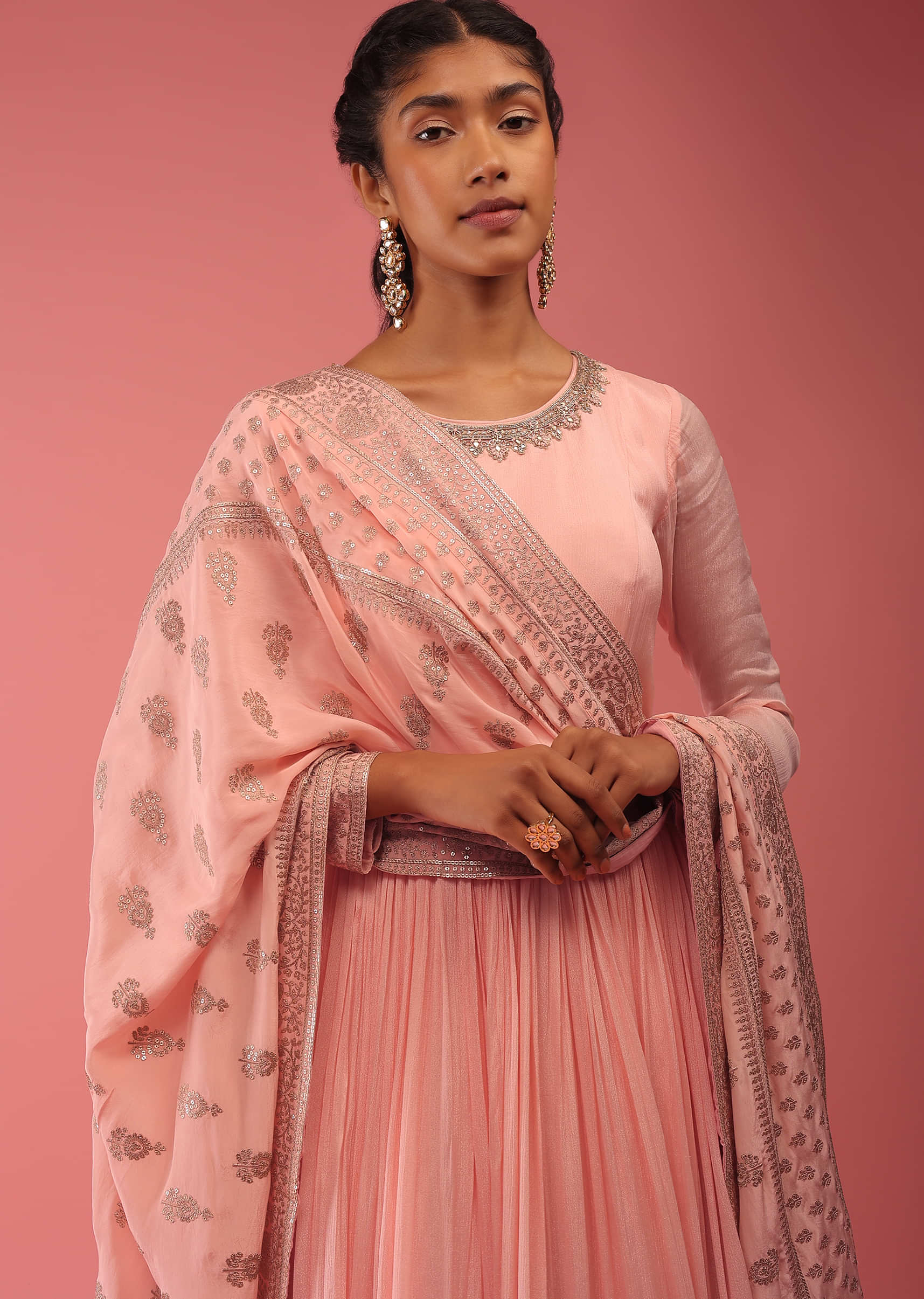 Powder Pink Anarkali Suit In Cut Dana Embroidery, It Is Crafted In Chiffon With Full Sleeves And Round Neckline