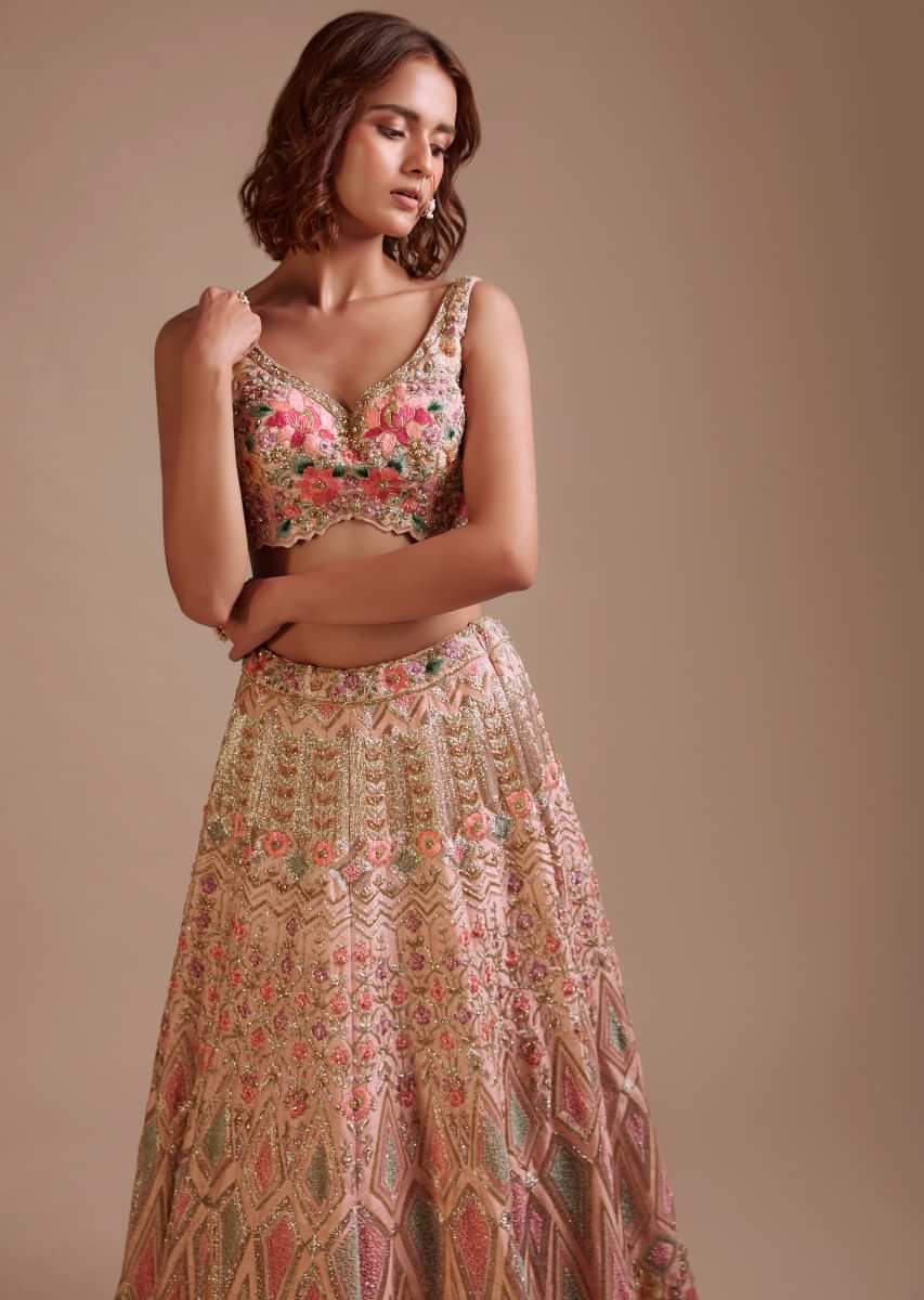 Powder Pink Lehenga Choli In Raw Silk With Colorful Resham And Sequins Embroidered Geometric And Floral Motifs 