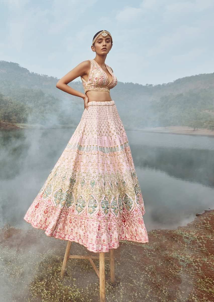 Powder Pink Lehenga Choli With Multicolor Hand Embossed Embroidery Detailing In Floral And Moroccan Motifs 
