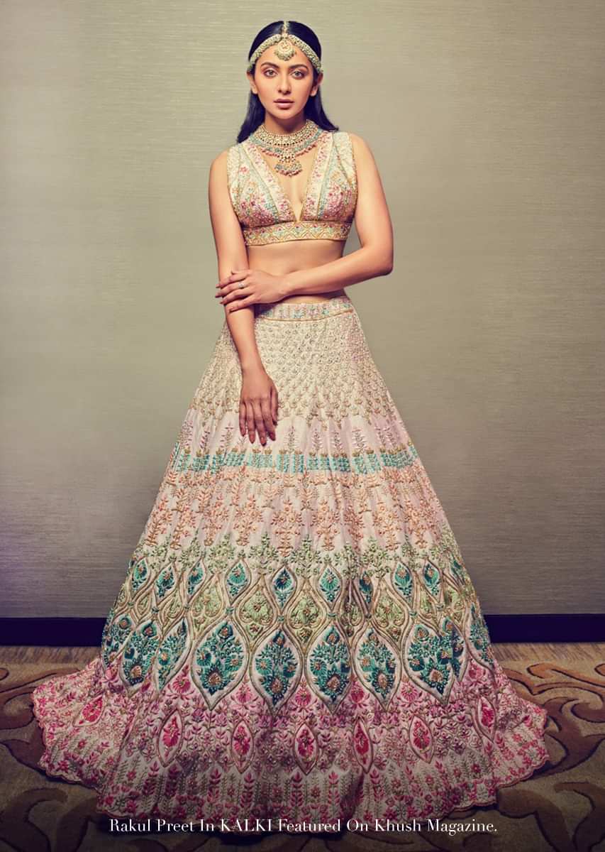 Buy Powder Pink Lehenga Choli With Multicolor Hand Embossed Embroidery ...