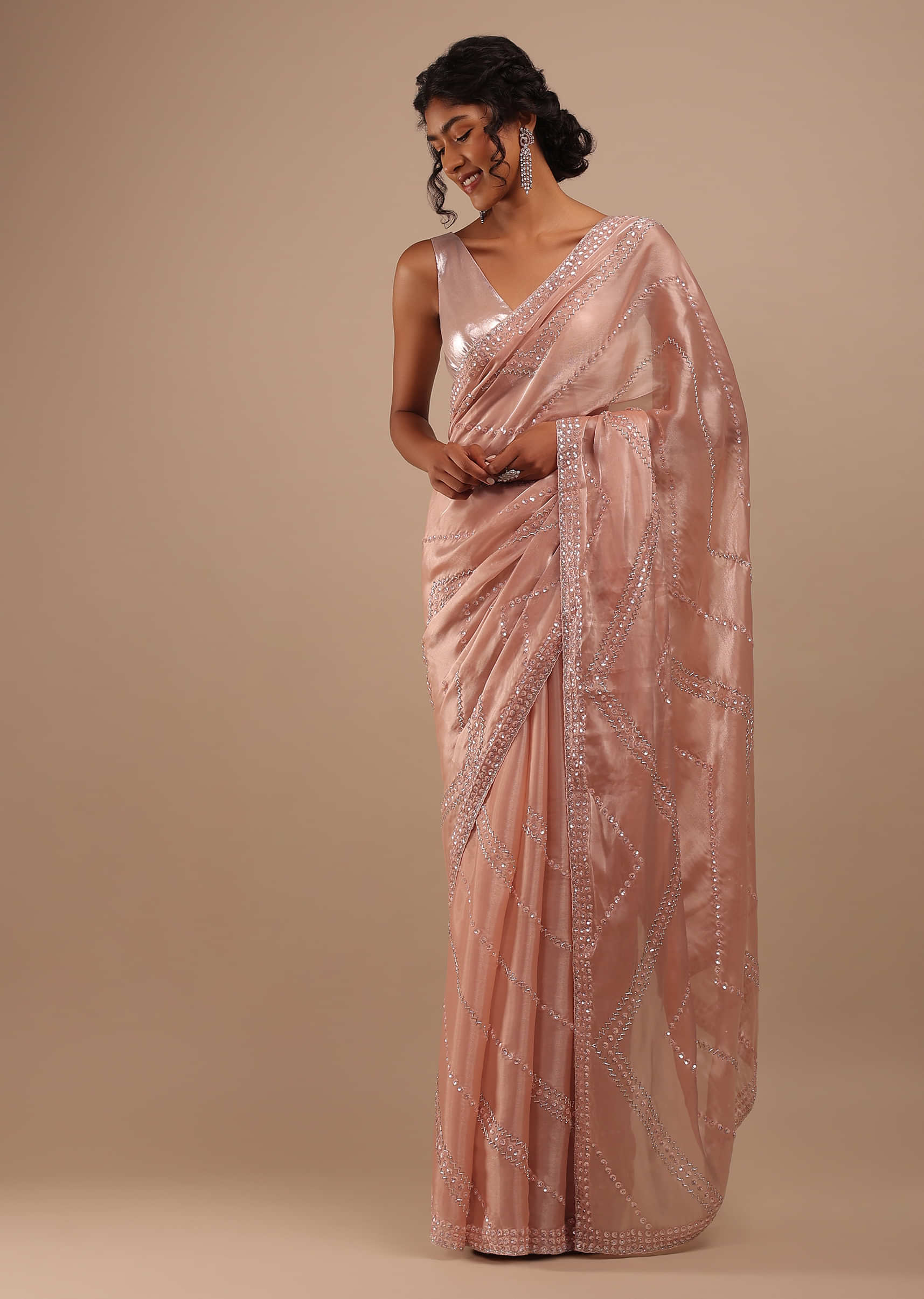 Shop Champagne Pink Embroidered Tissue Organza Saree Online in USA – Pure  Elegance