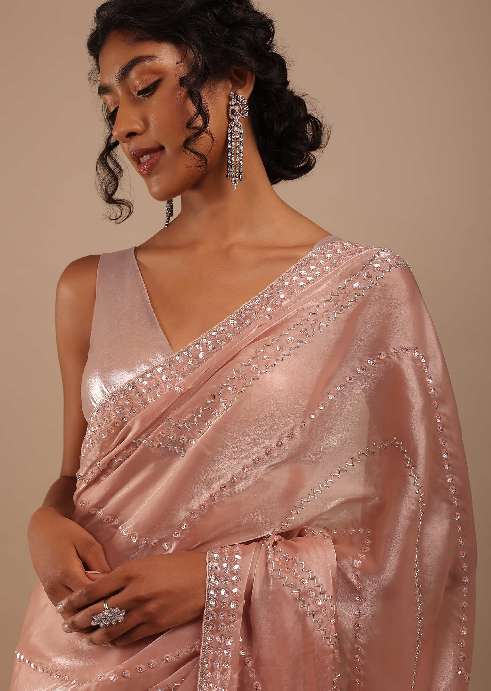Powder Pink Tissue Organza Saree In Cut Dana Embroidery With Cutwork Detailing On The Border