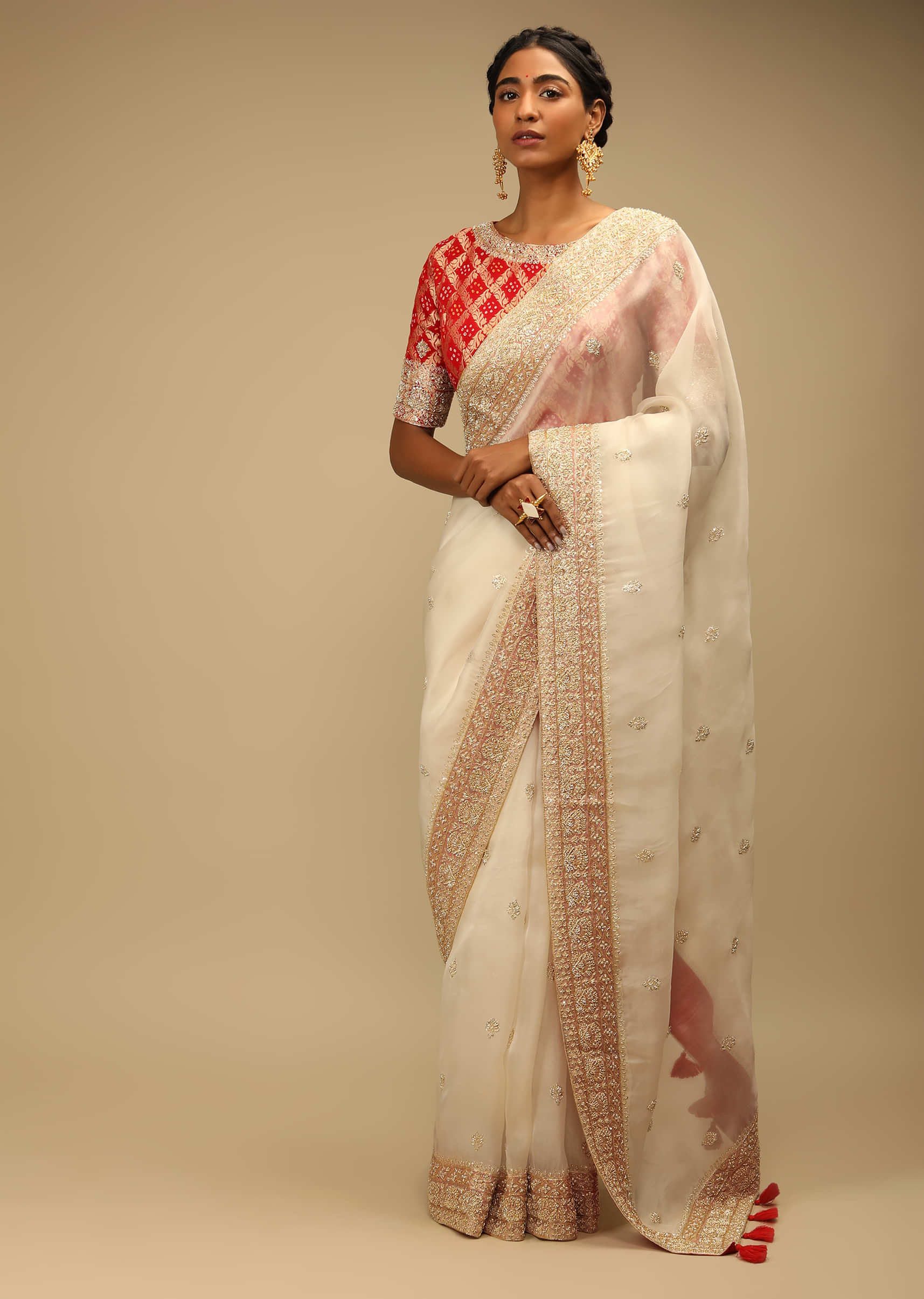 White and Red Colore Designer Bold and Beautiful Saree Indian Traditional  Saree Bollywood Style Pooja Saree Kanchipuram Silk Saree - Etsy UK