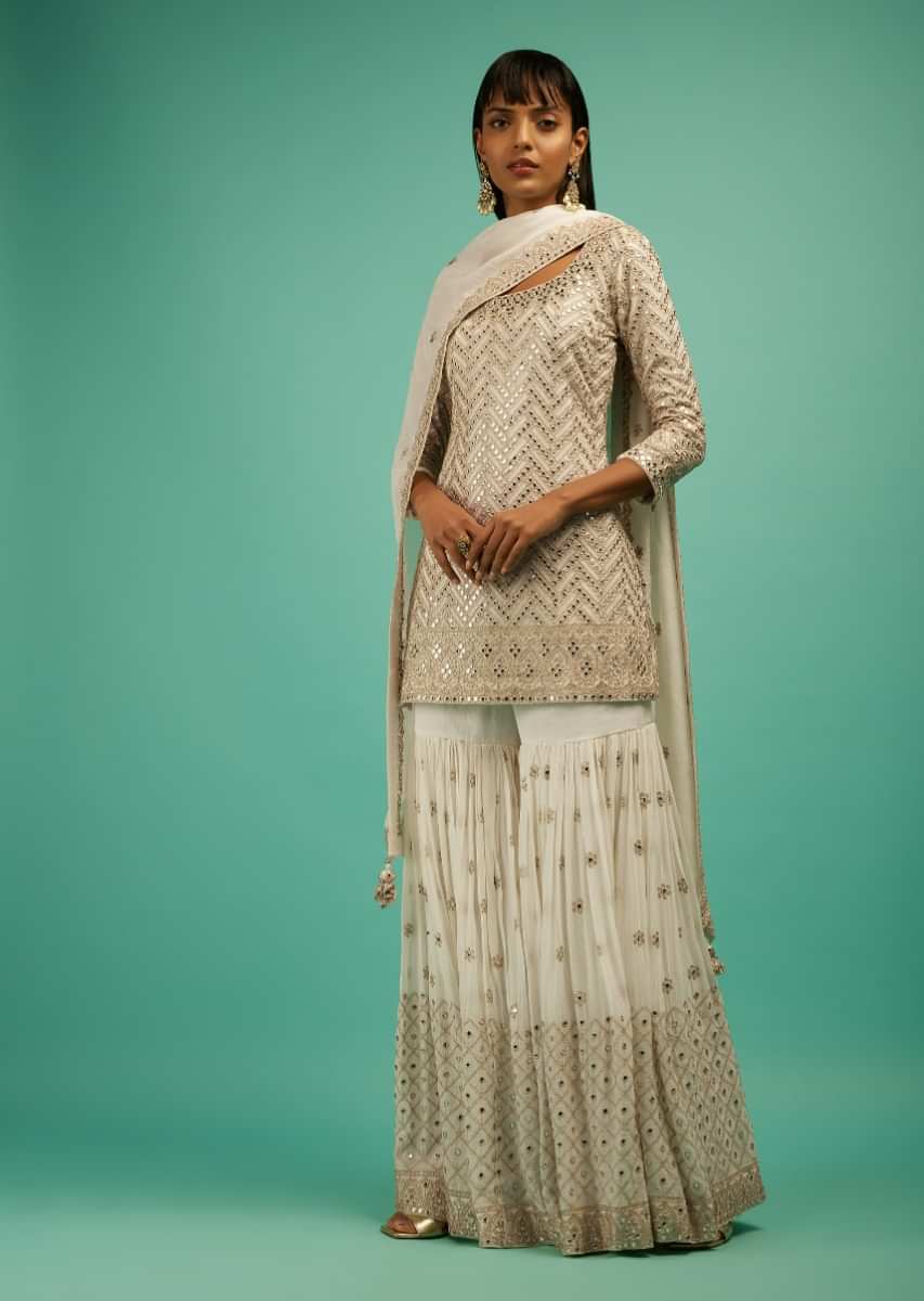 Powder White Sharara Suit In Crepe Silk With Zari And Mirror Embroidered Chevron Jaal  