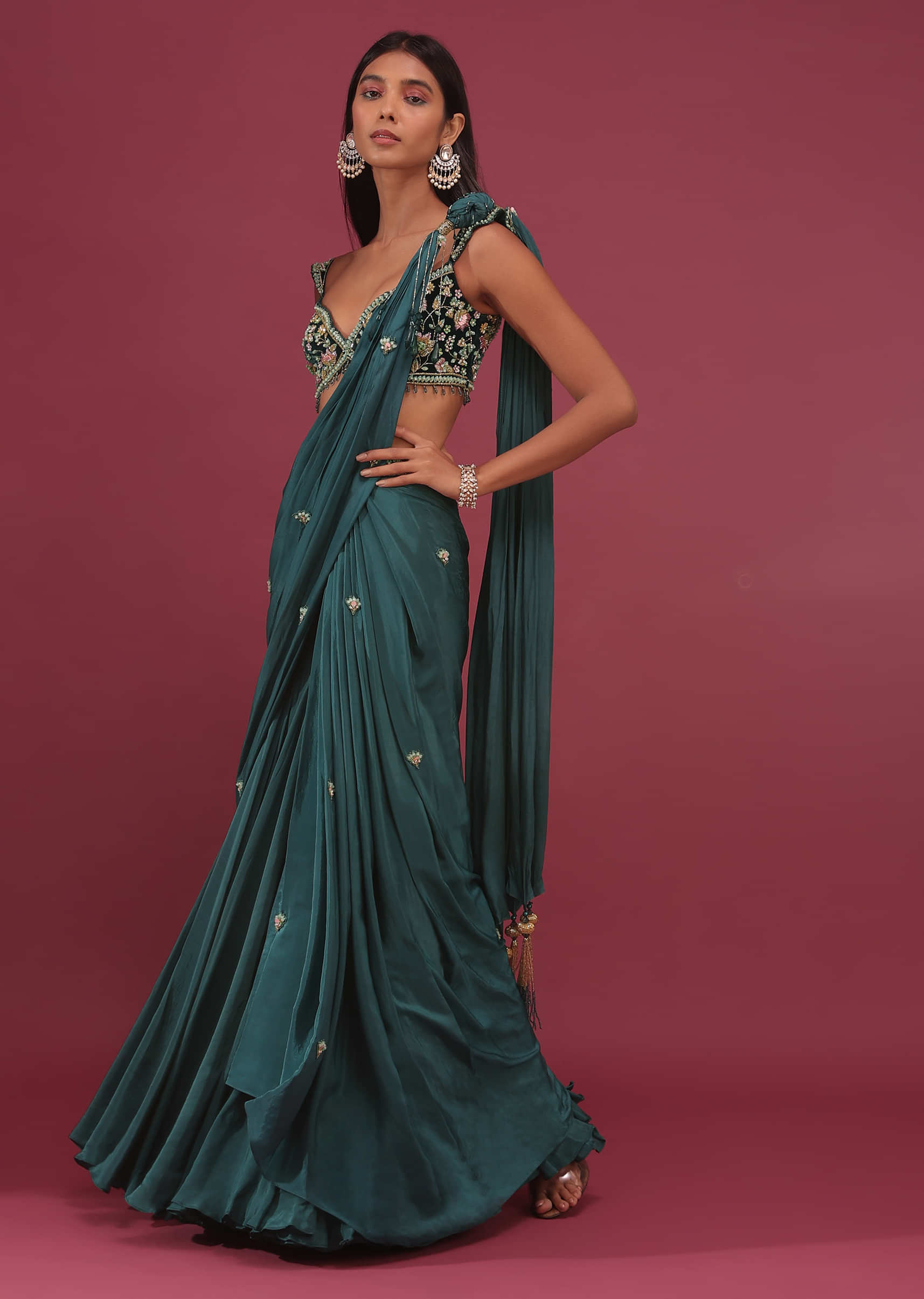Emerald Green Pre-Pleated Saree With Floral Buttis And Embroidered Blouse - NOOR 2022