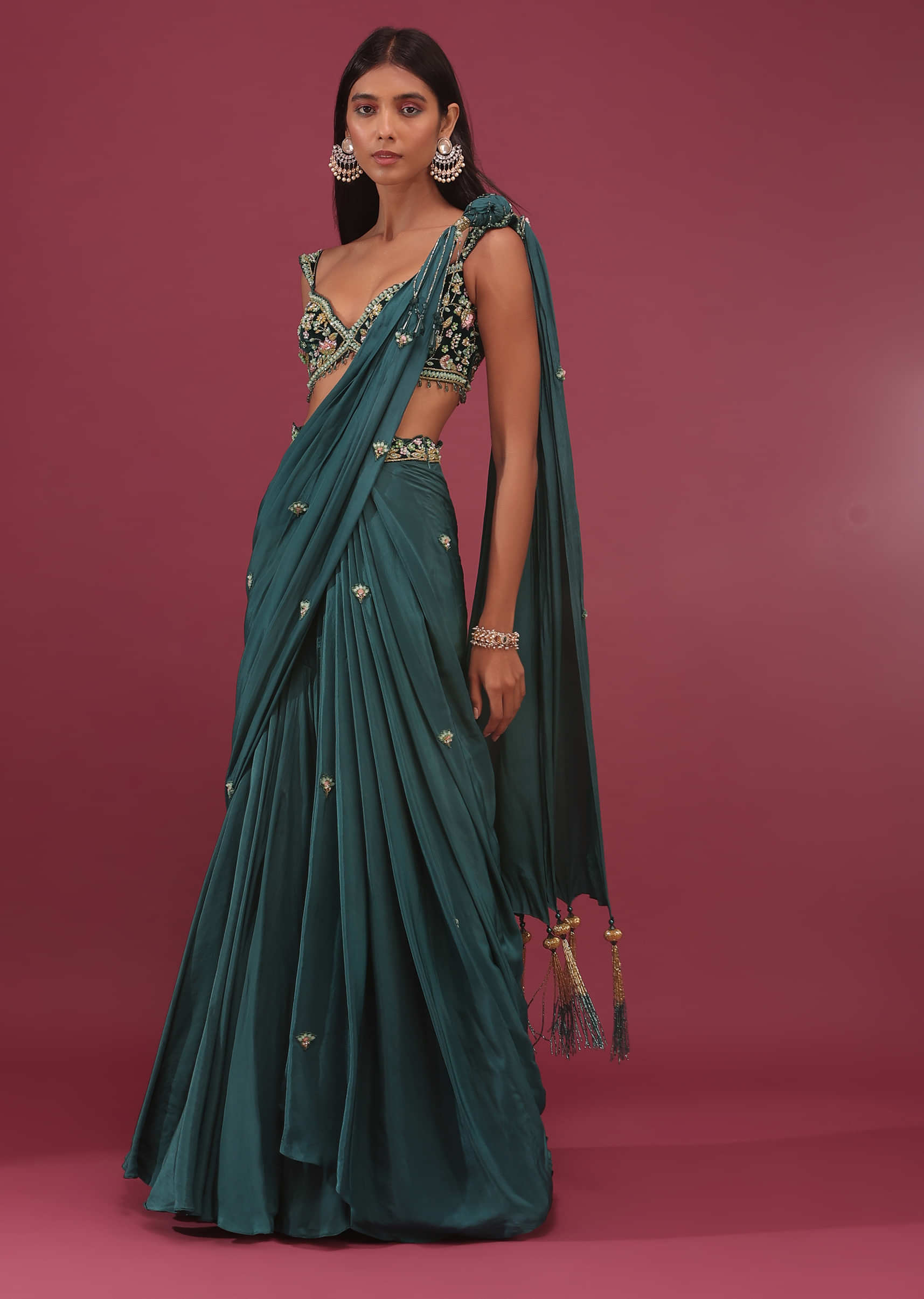 Pre-Pleated Emerald Green Saree With Floral Buttis And A Embroidered Blouse - NOOR 2022
