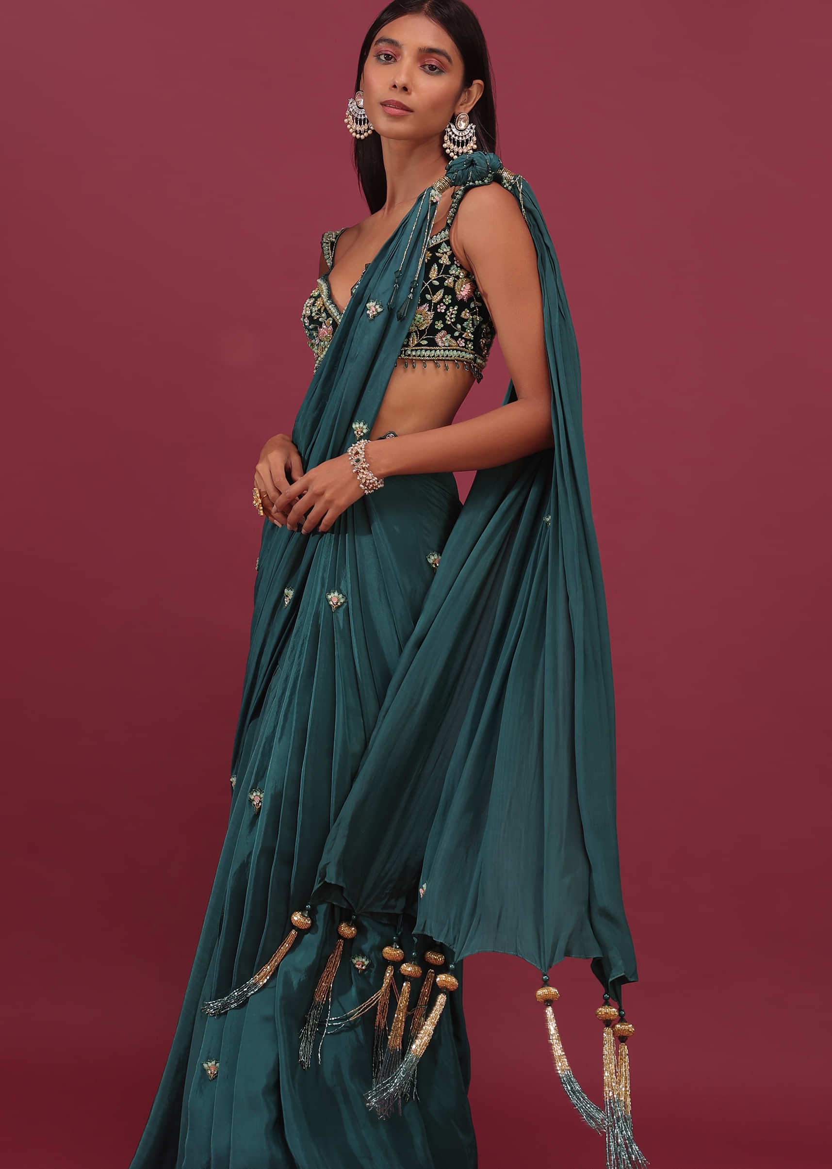 Pre-Pleated Emerald Green Saree With Floral Buttis And A Embroidered Blouse - NOOR 2022