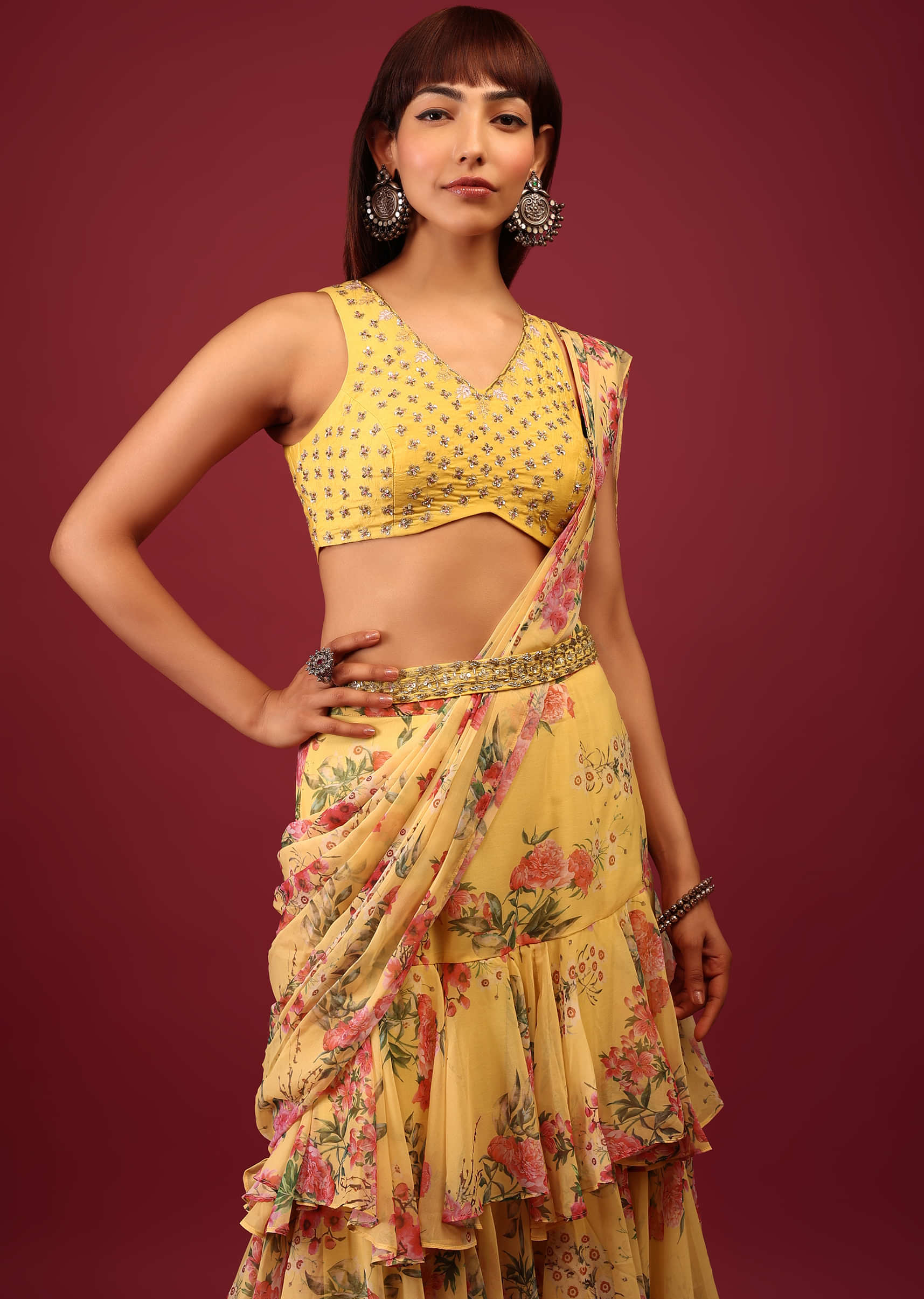 Mustard Yellow Floral Print Pleated Lehenga Saree In Layered Frill Pattern With An Embellished Blouse