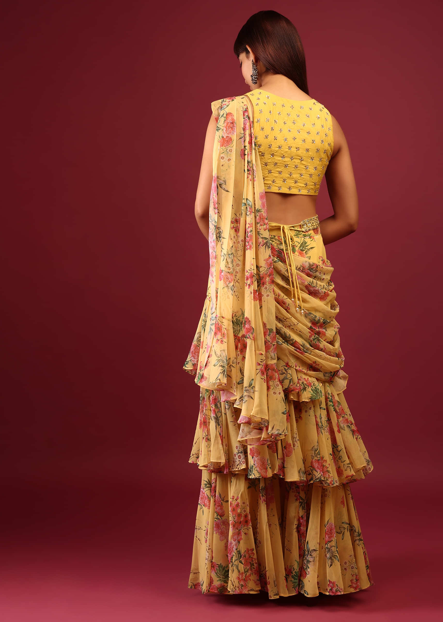 Mustard Yellow Floral Print Pleated Lehenga Saree In Layered Frill Pattern With An Embellished Blouse