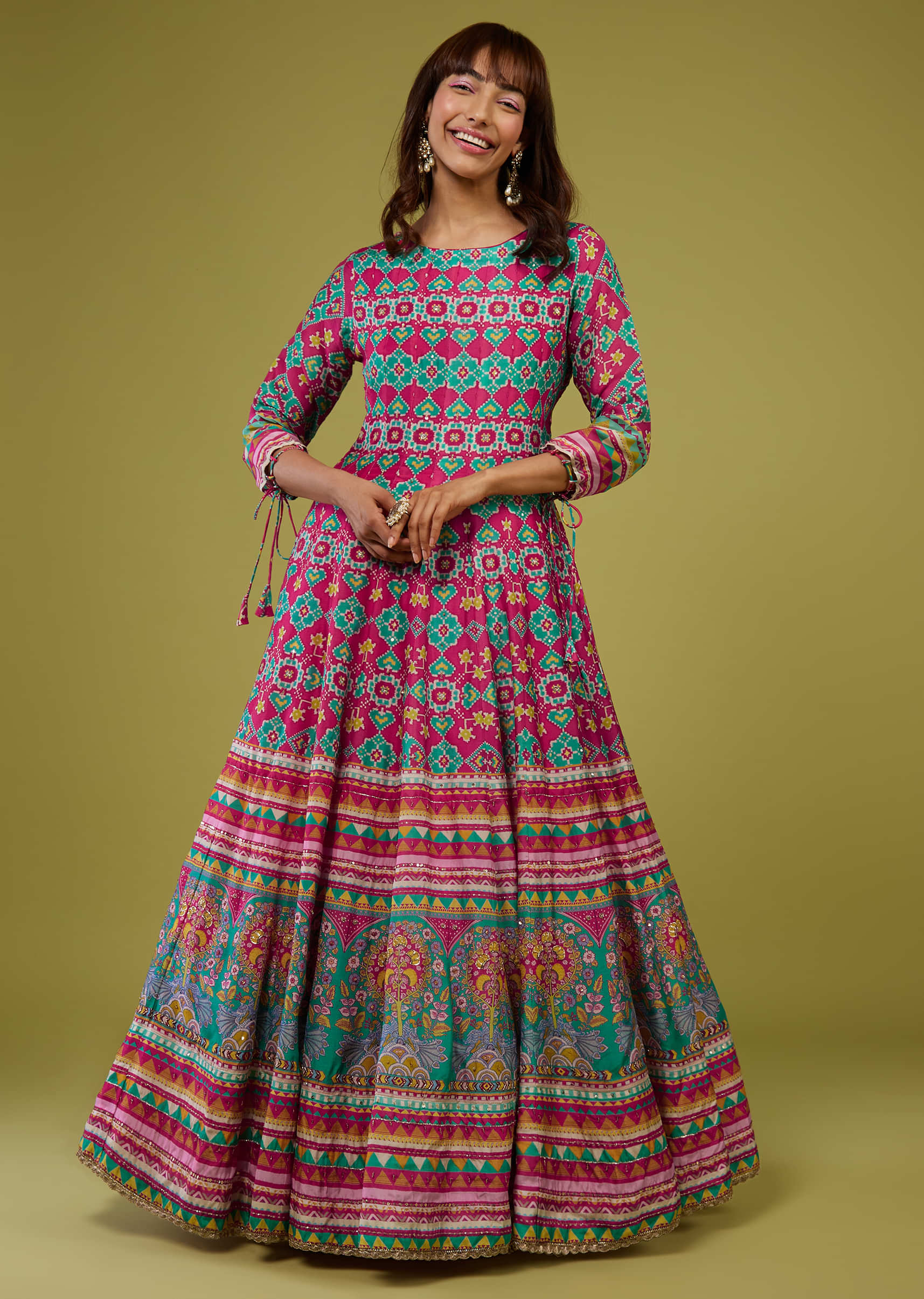 Printed Beetroot Pink Flared Anarkali Gown In Silk