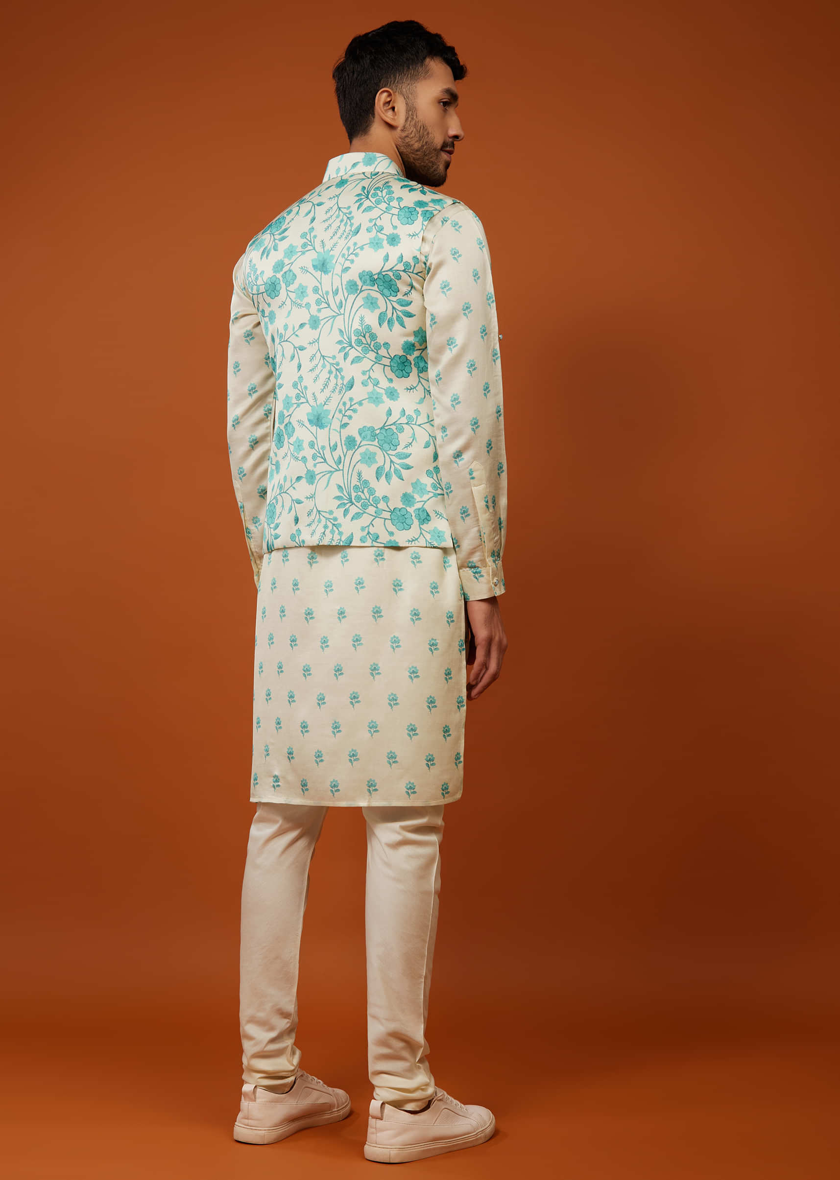 Beige White Bandi Jacket Set With Blue Floral Print In Cotton Silk
