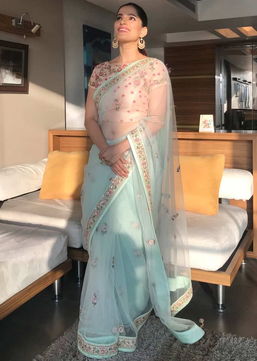 Priya Bapat in kalki pista green net saree with floral resham embroidery and butti