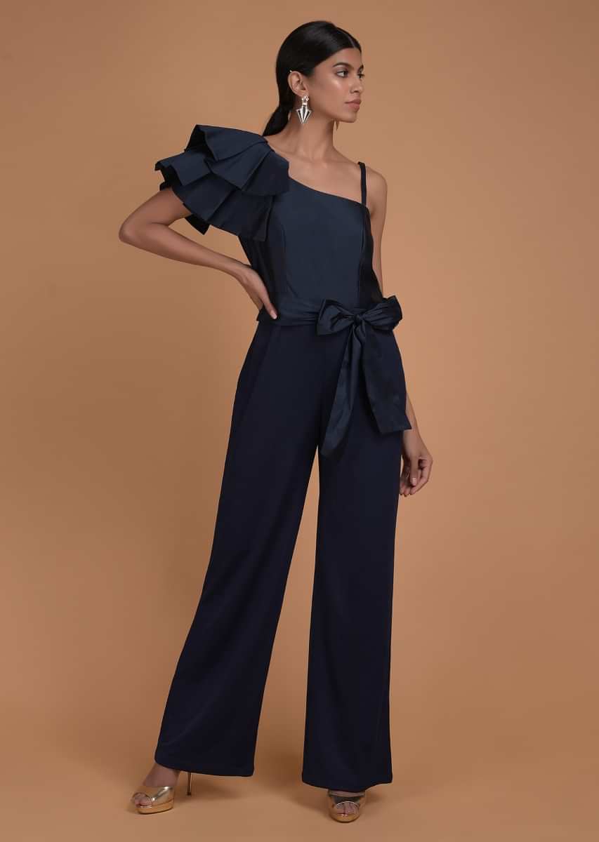 Buy Prussian Blue Jumpsuit With Fancy Pleated Frill On The Shoulder ...