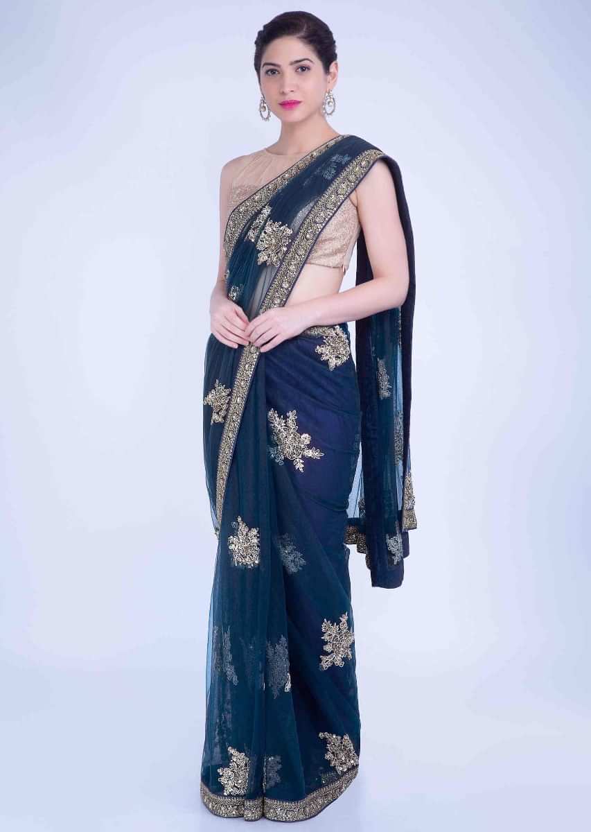 Buy Prussian Blue Saree In Net With Matching Blouse Piece Online ...