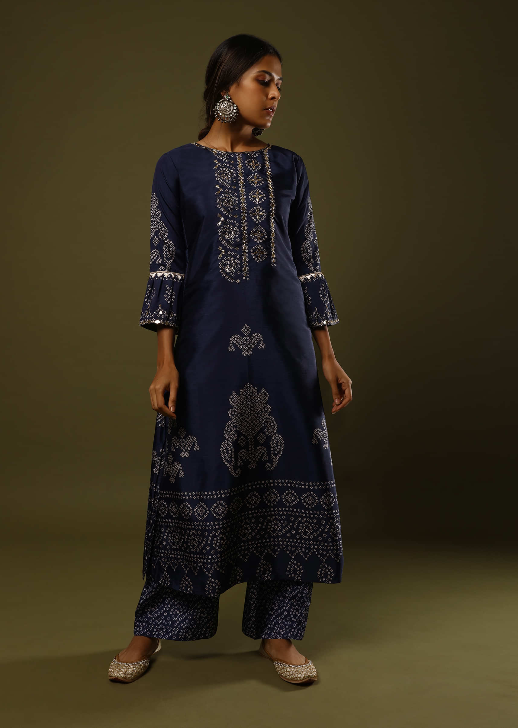 Prussian Blue Palazzo Suit In Silk With Digital Printed Bandhani Motif And Foil Work  