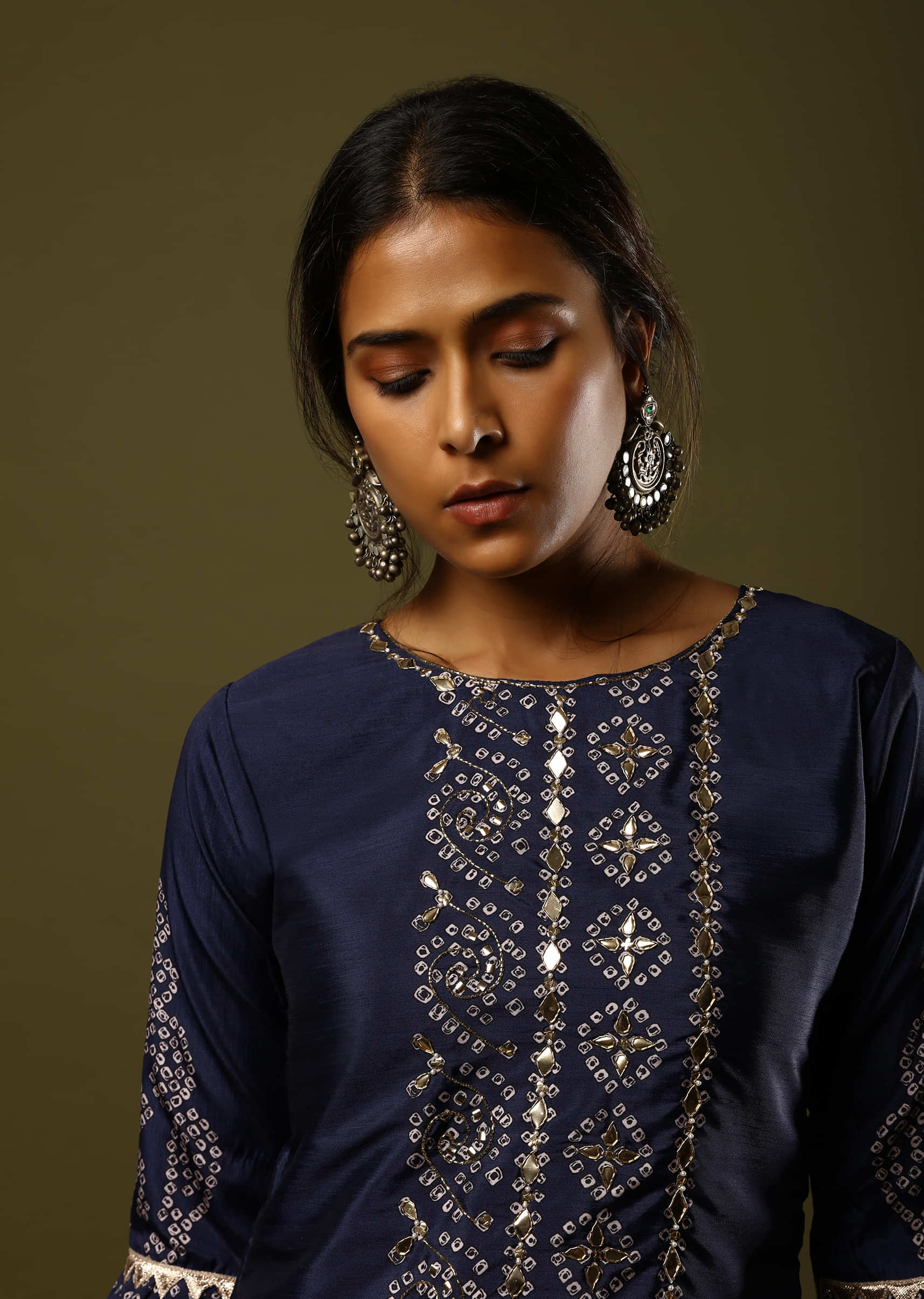 Prussian Blue Palazzo Suit In Silk With Digital Printed Bandhani Motif And Foil Work  
