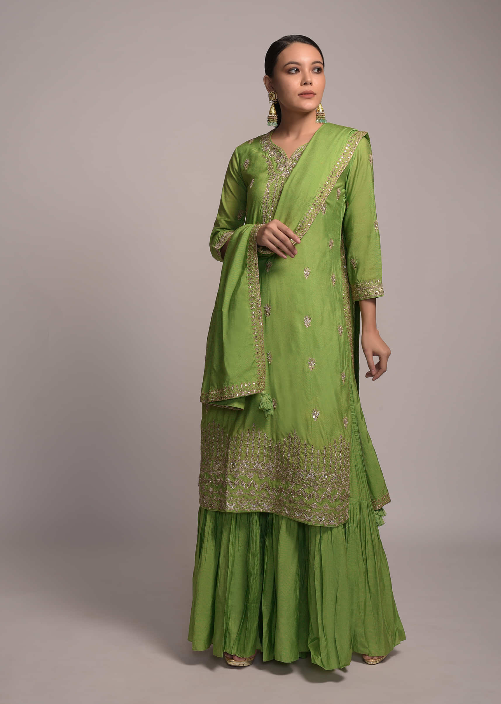 Nature Green Sharara Suit In Cotton With Zari And Gotta Patti Embroidered Buttis  