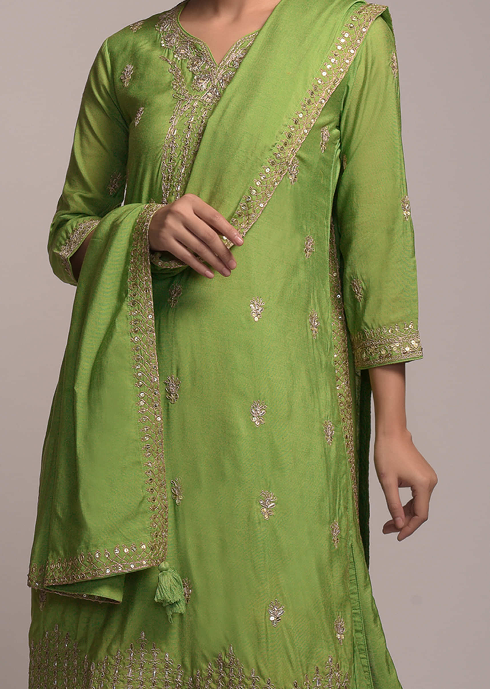 Nature Green Sharara Suit In Cotton With Zari And Gotta Patti Embroidered Buttis  